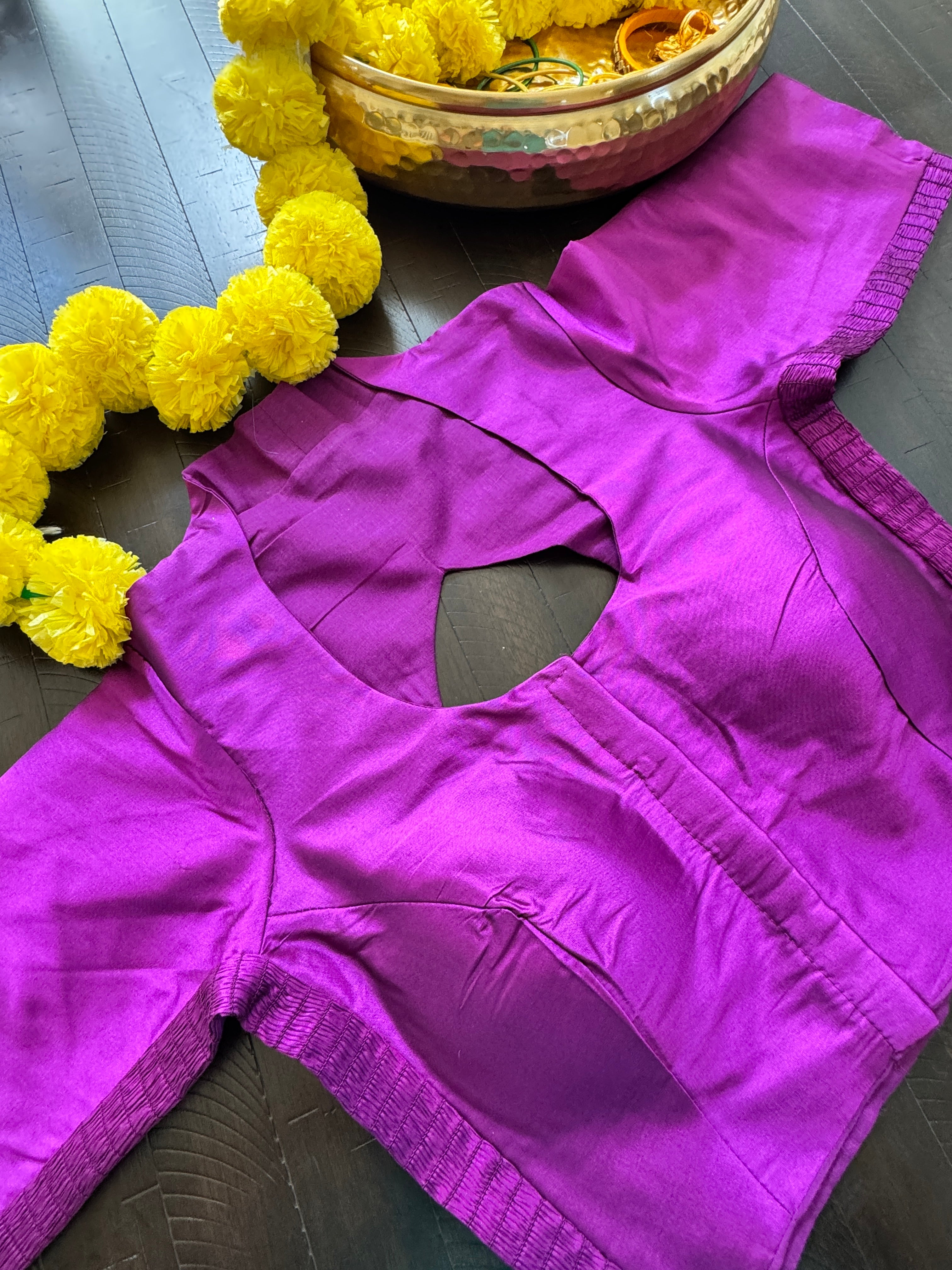 Raw Silk padded strechable blouse with front hooks and sleeves - purple