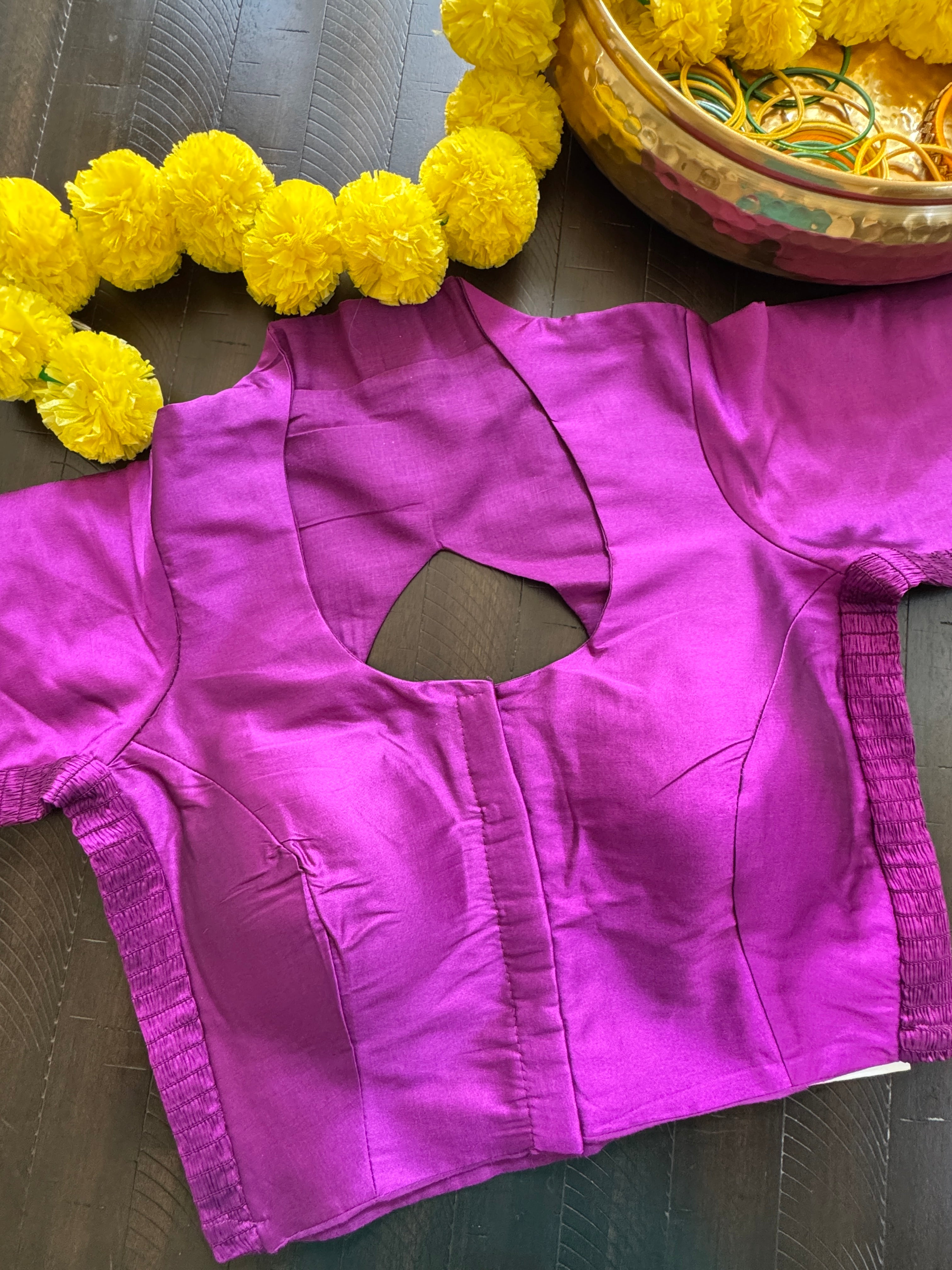 Raw Silk padded strechable blouse with front hooks and sleeves - purple