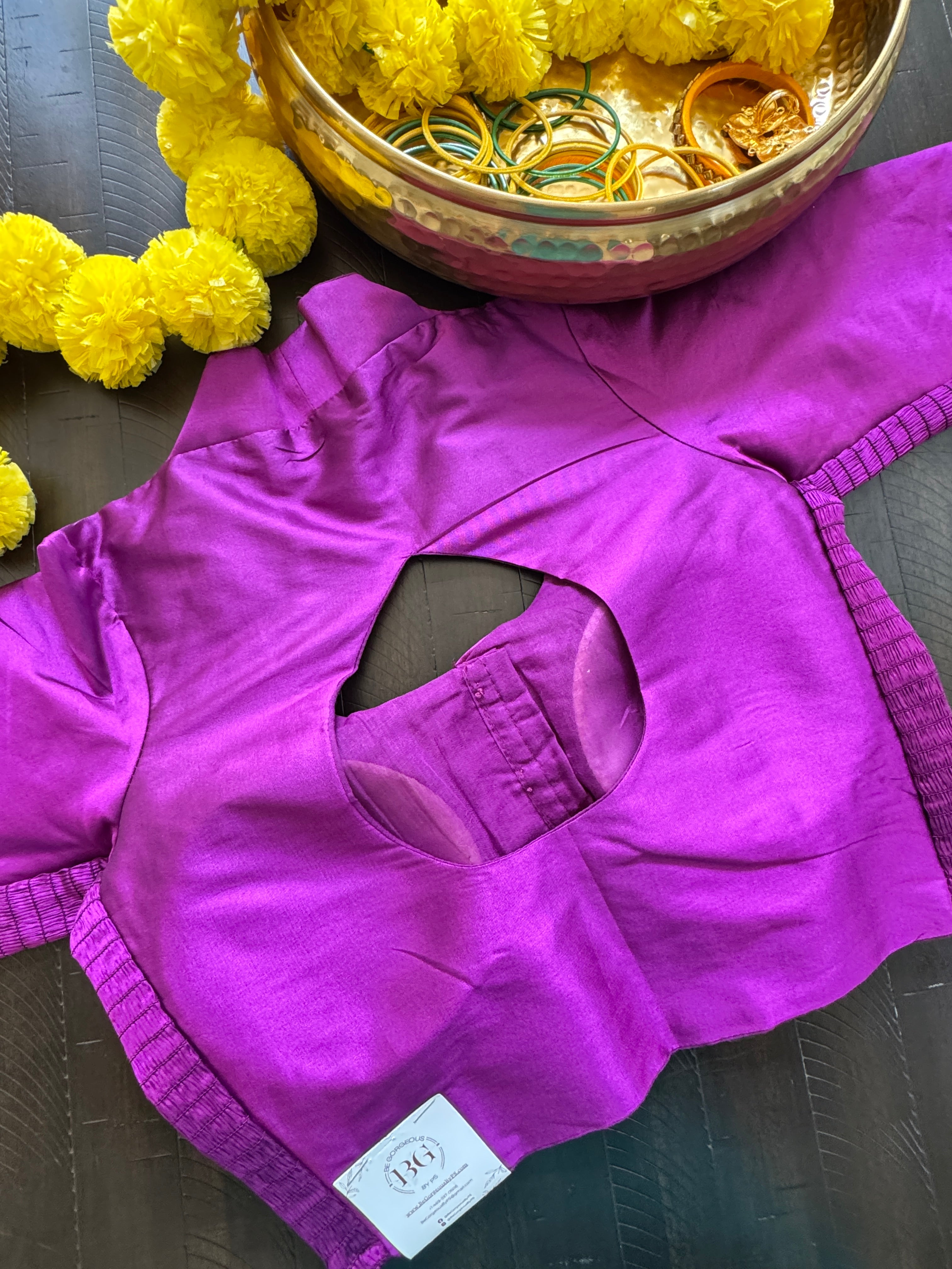 Raw Silk padded strechable blouse with front hooks and sleeves - purple