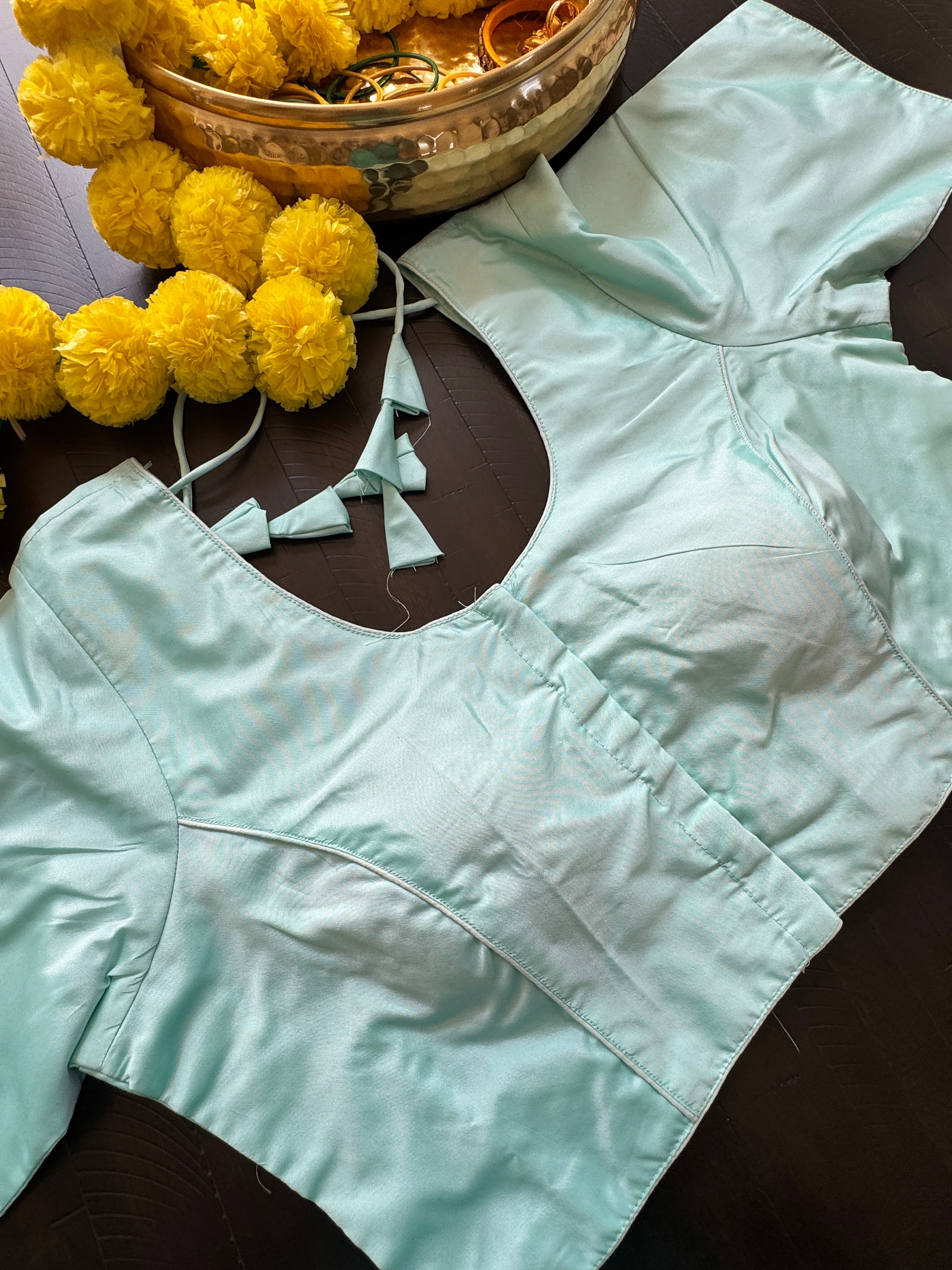 Rawsilk padded readymade blouse with sleeves and front hooks - bluish green