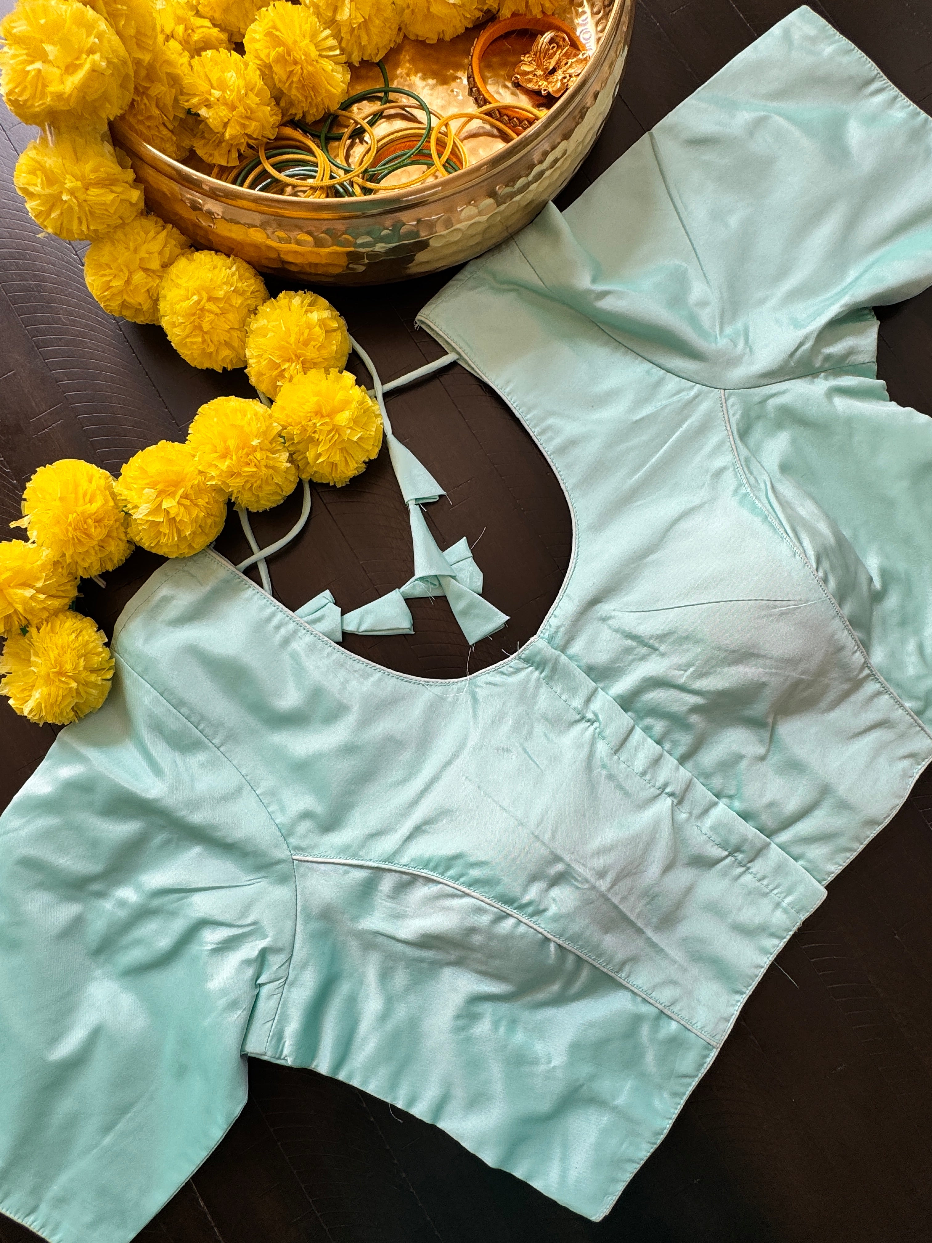 Rawsilk padded readymade blouse with sleeves and front hooks - bluish green