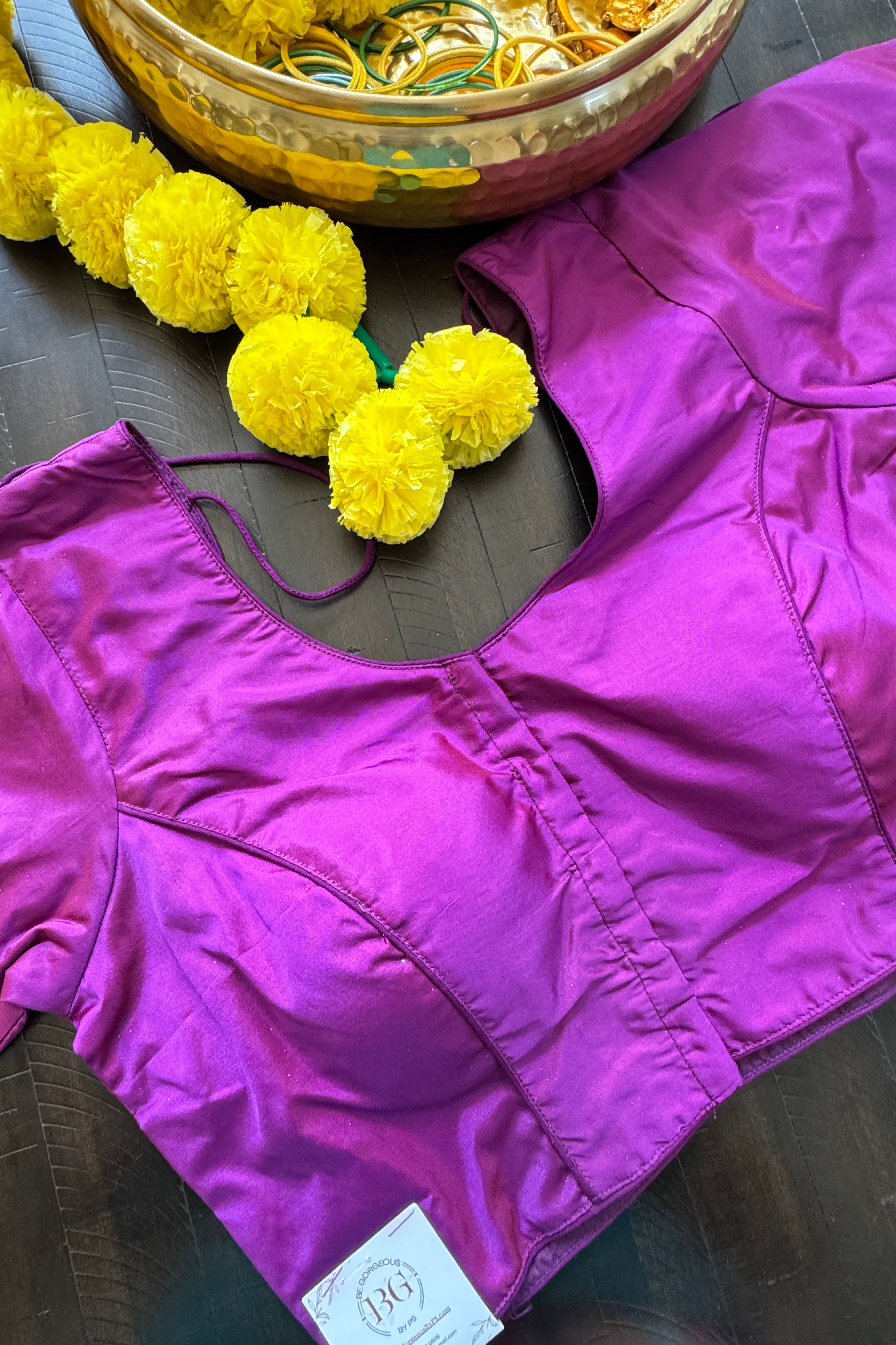 Rawsilk padded readymade blouse with sleeves and front hooks - purple