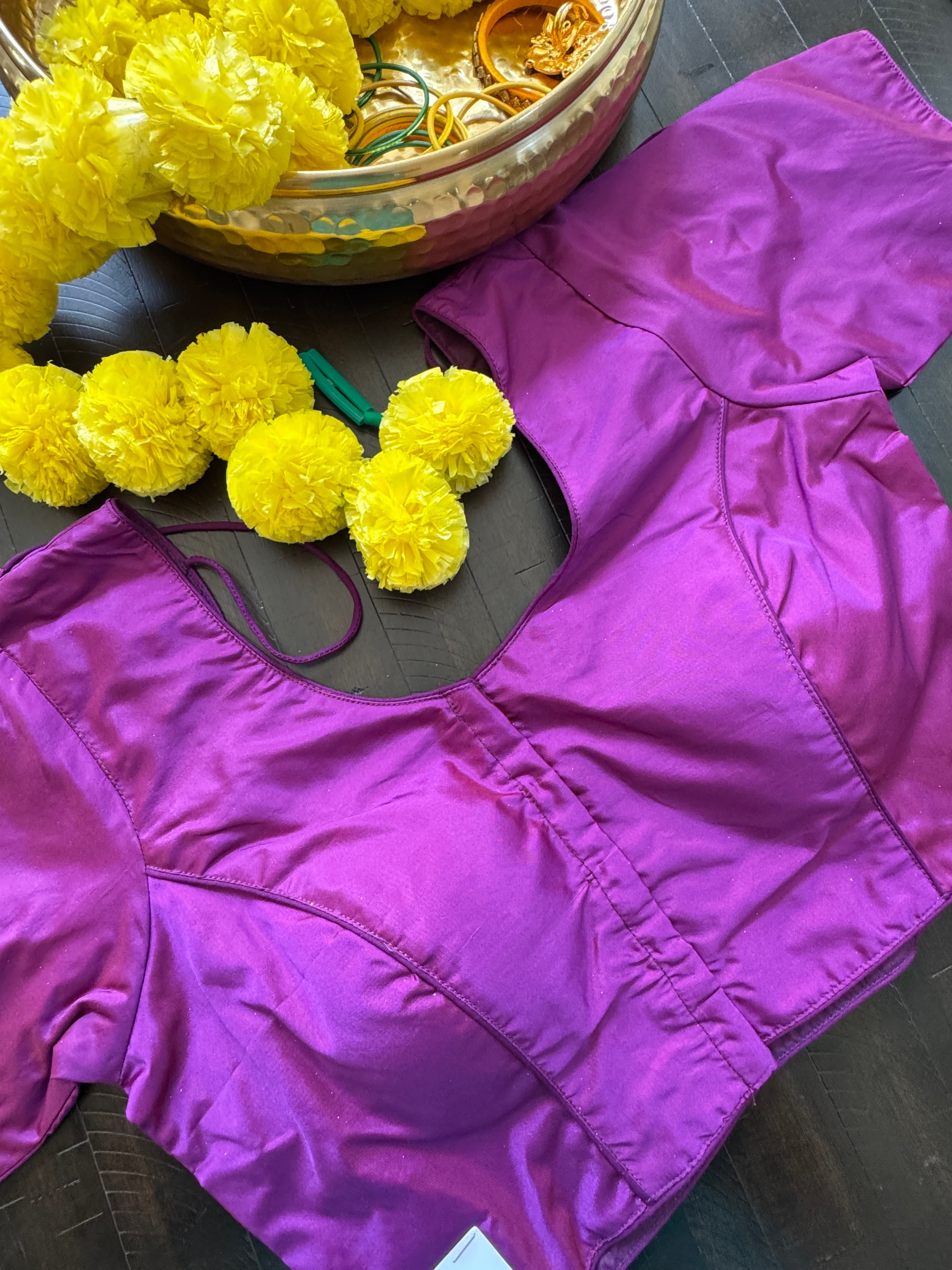 Rawsilk padded readymade blouse with sleeves and front hooks - purple