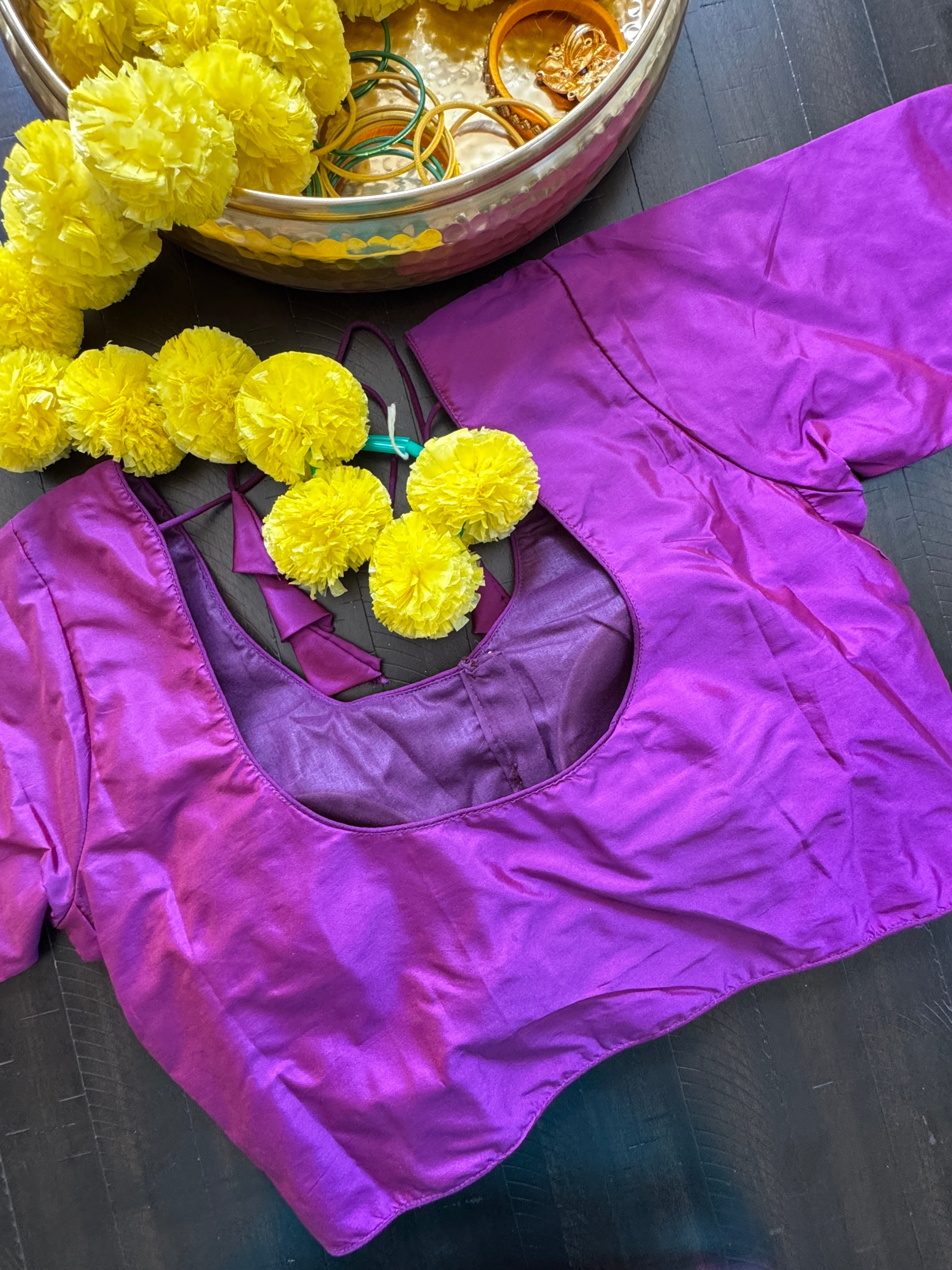 Rawsilk padded readymade blouse with sleeves and front hooks - purple