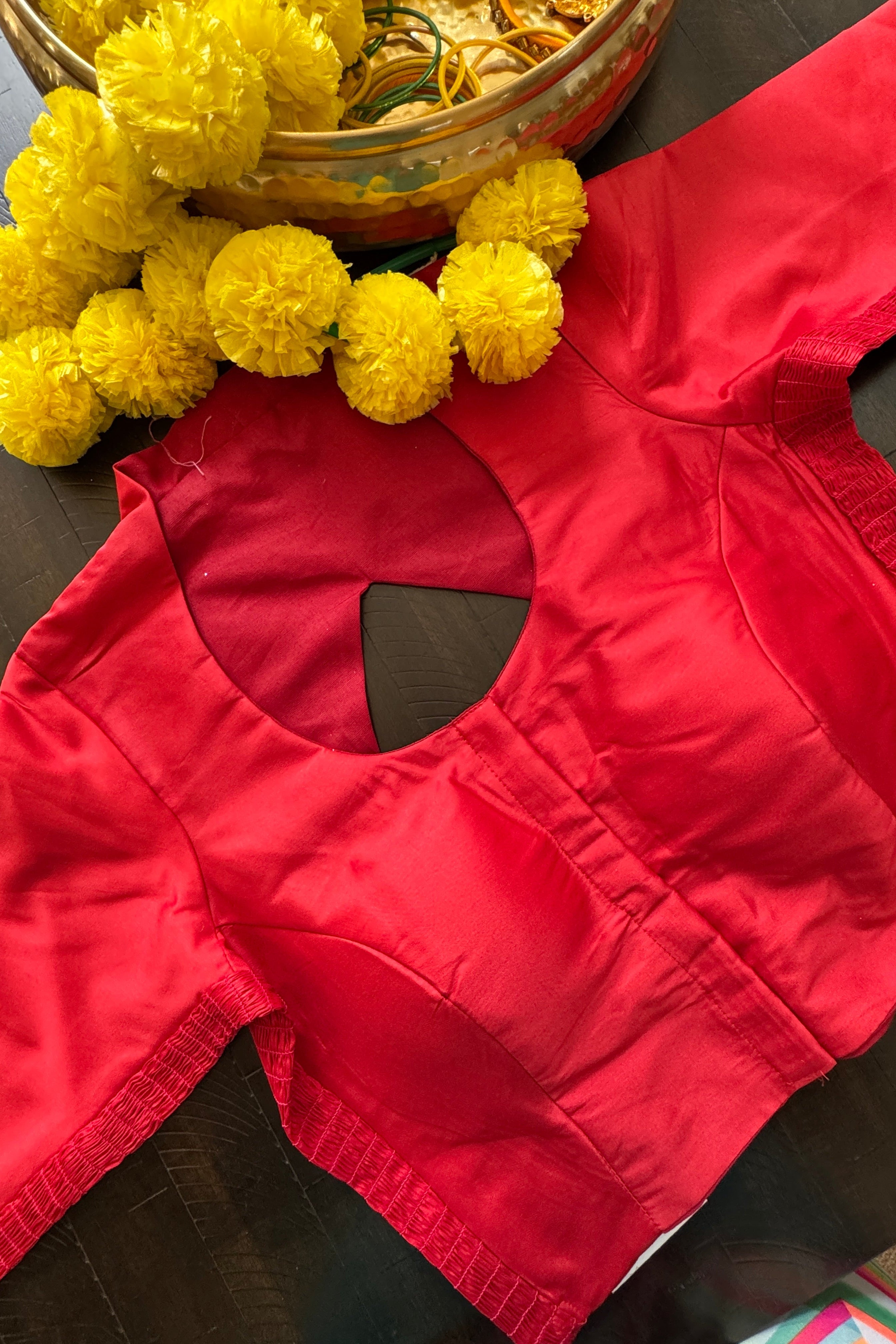 Raw Silk padded strechable blouse with front hooks and sleeves - red