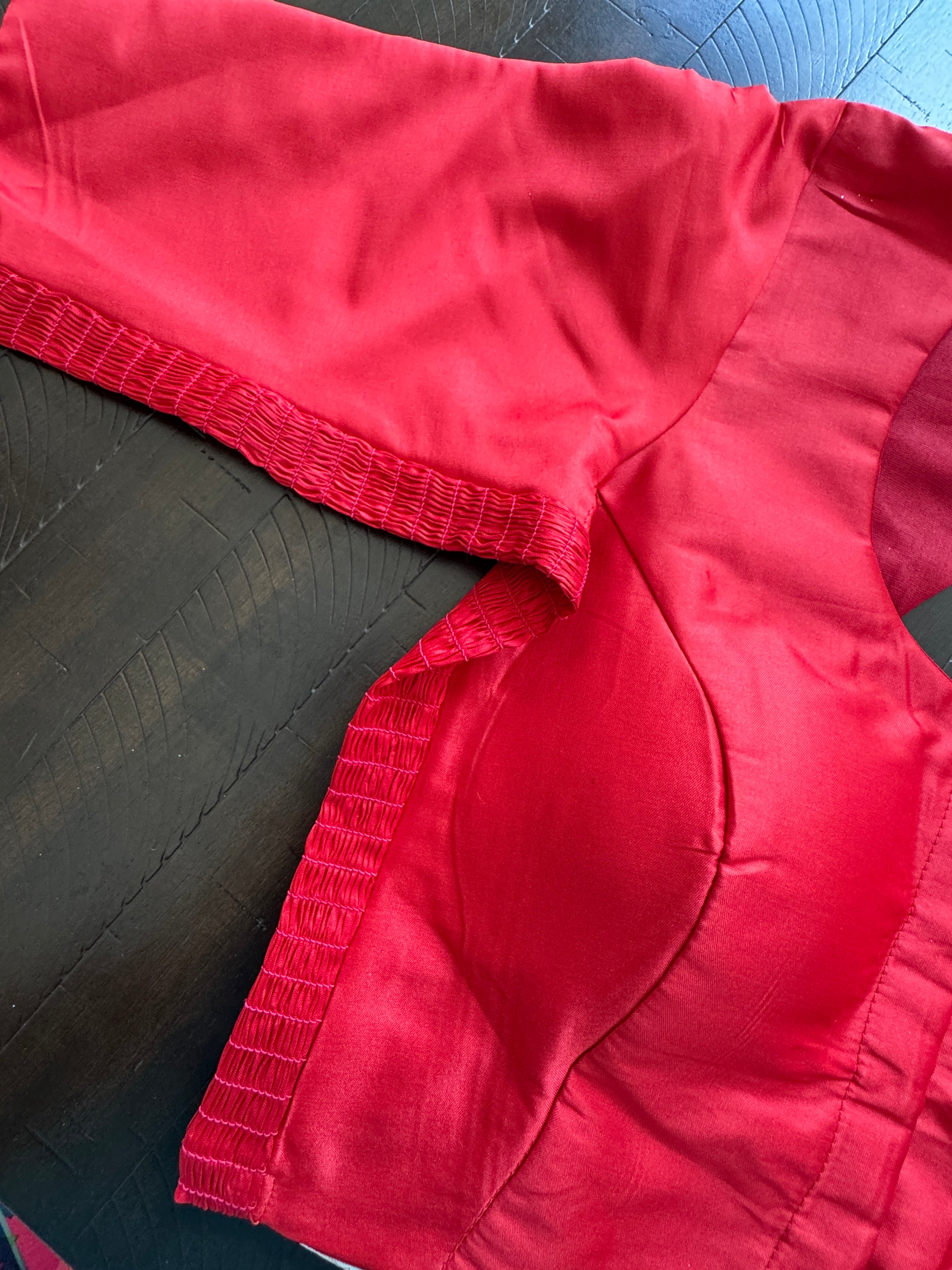 Raw Silk padded strechable blouse with front hooks and sleeves - red