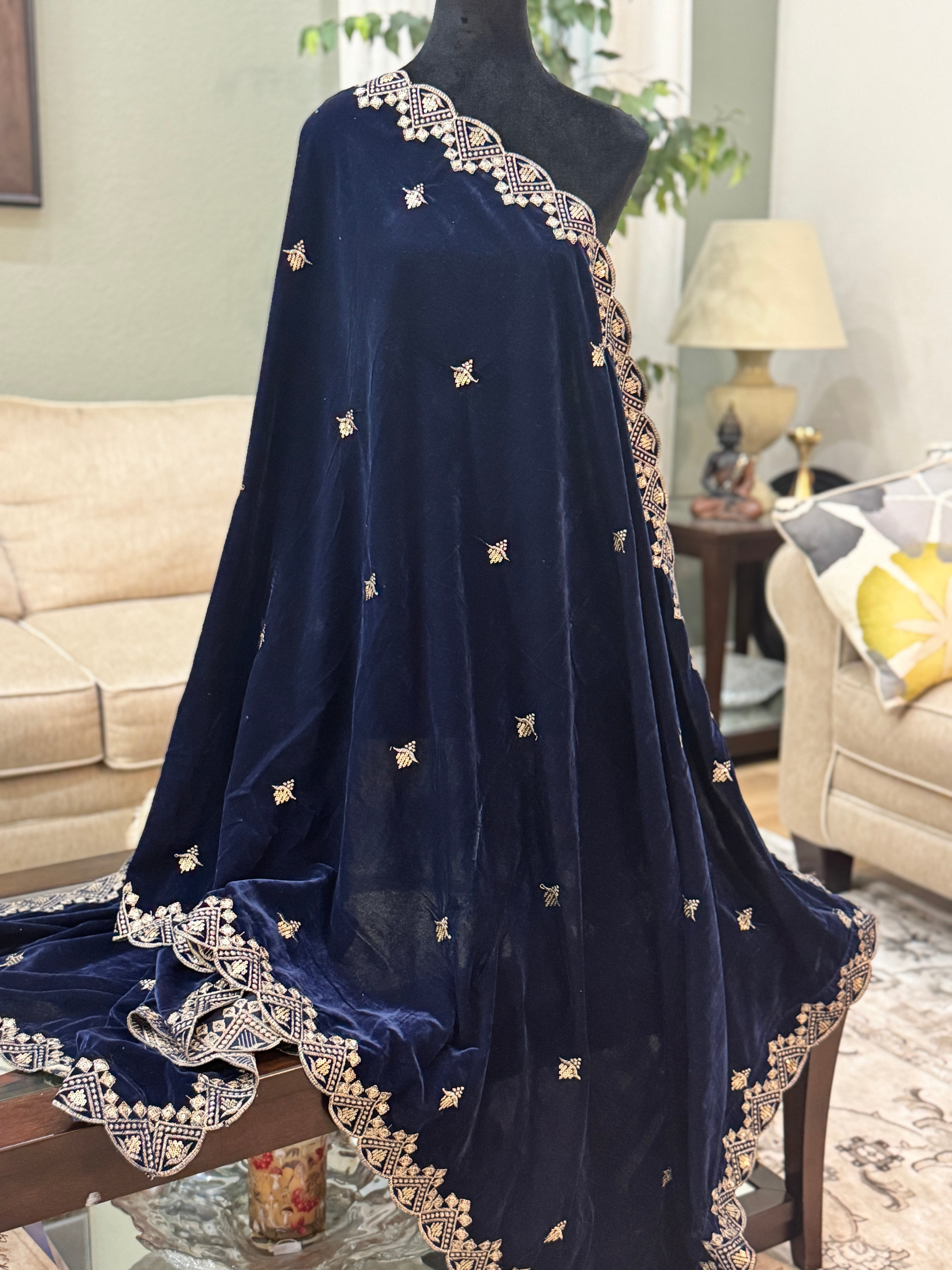 Velvet Sequence Cutwork dupatta - blue