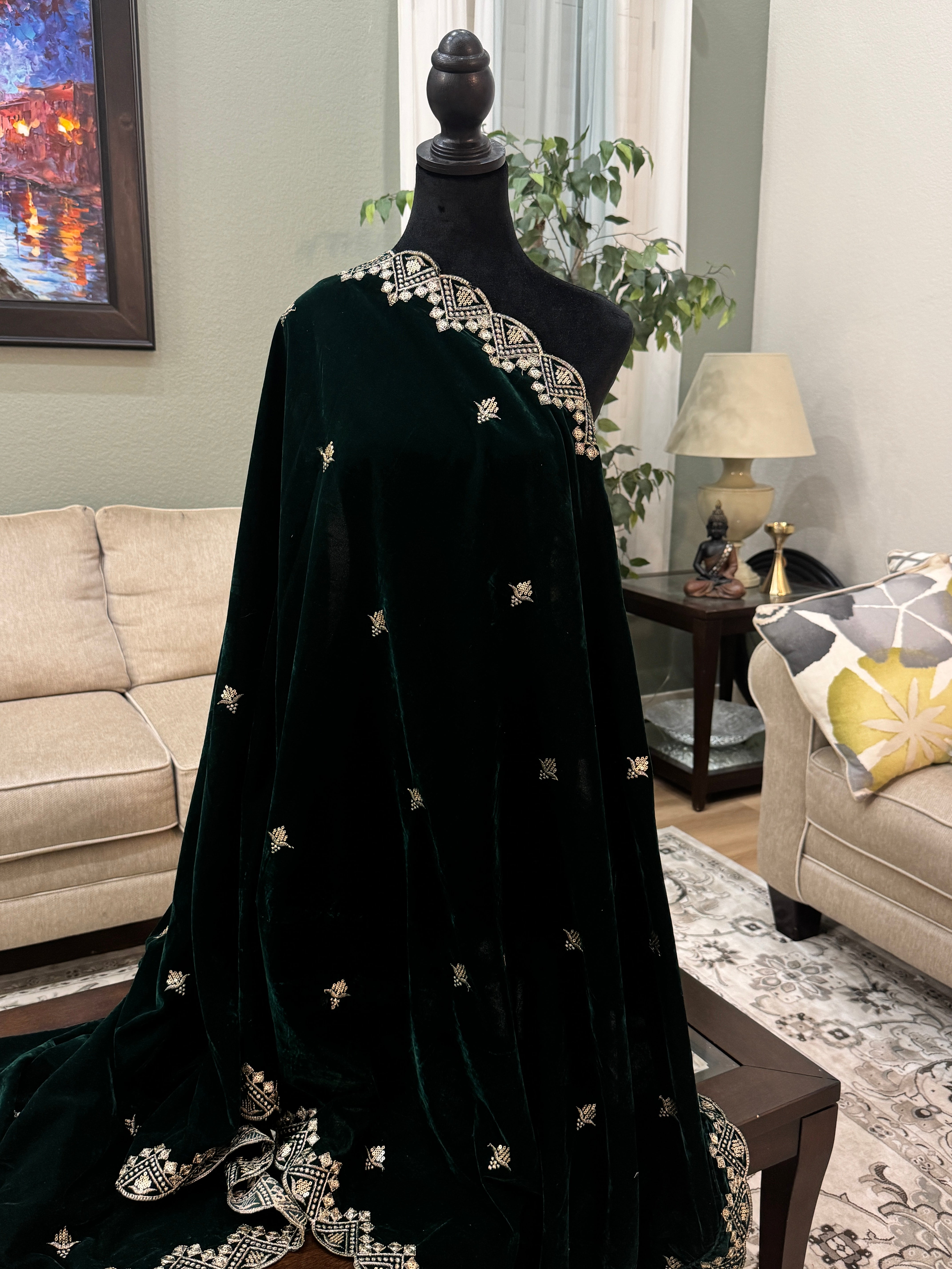 Velvet Sequence Cutwork dupatta - green