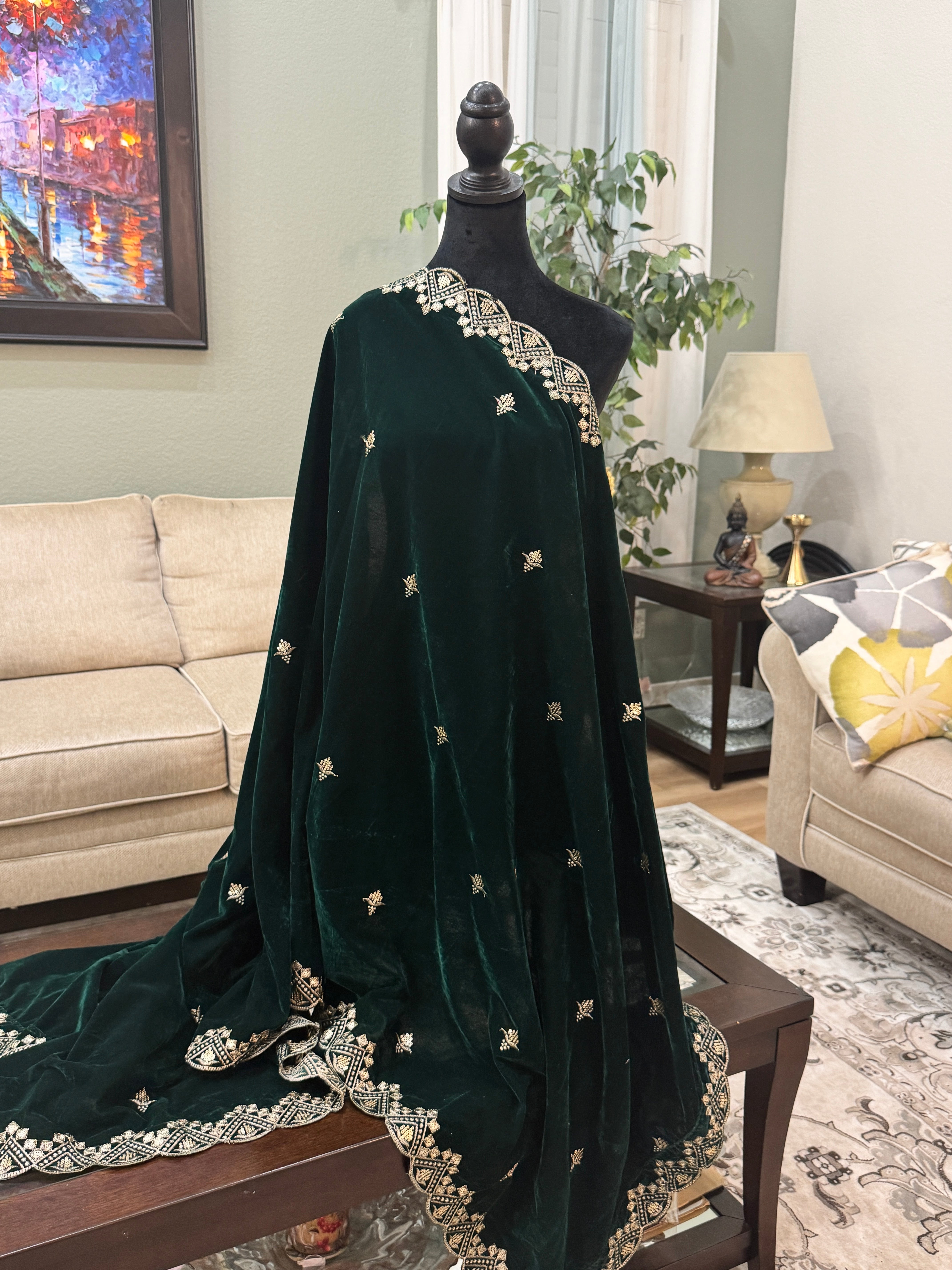 Velvet Sequence Cutwork dupatta - green