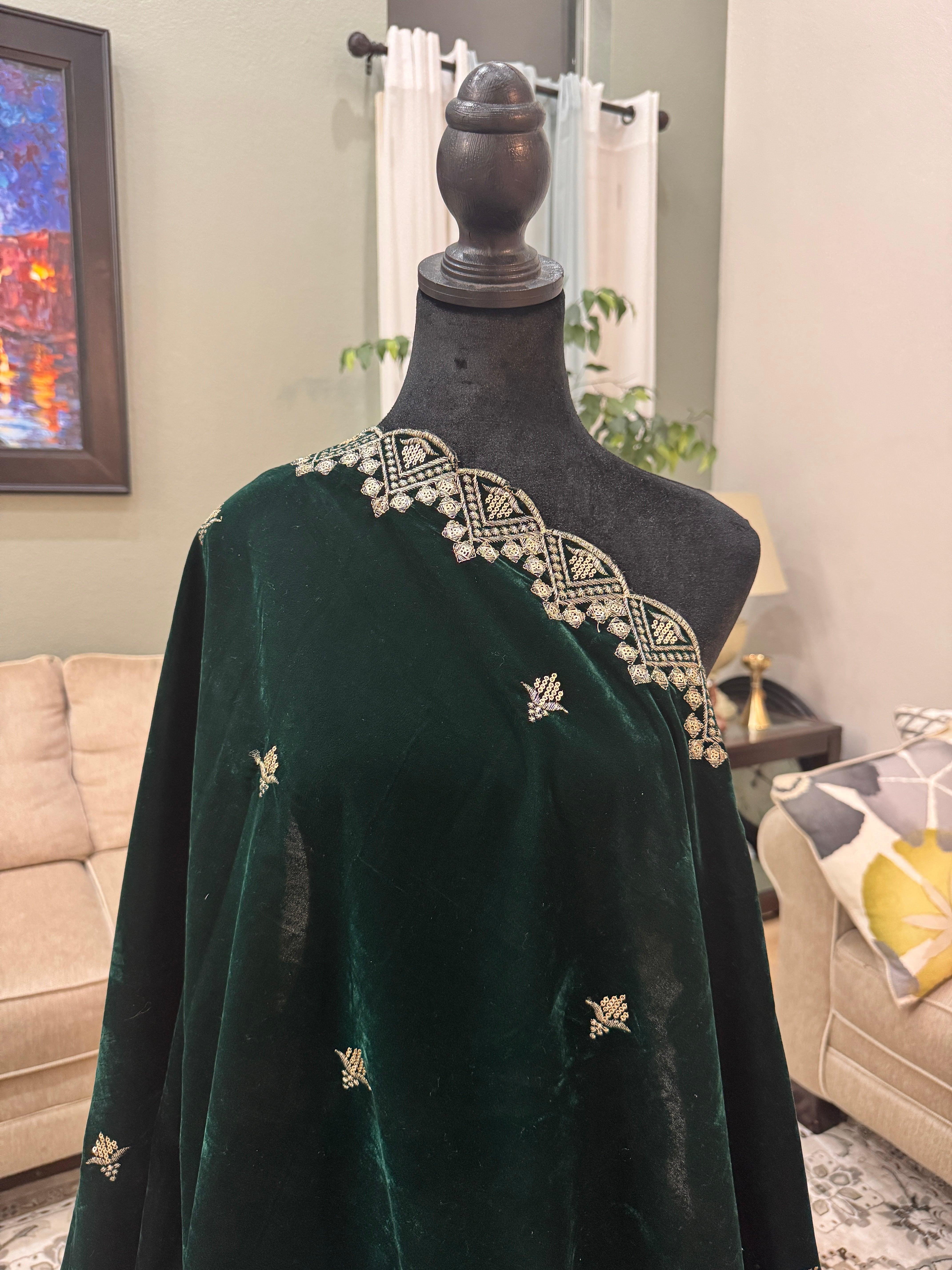 Velvet Sequence Cutwork dupatta - green