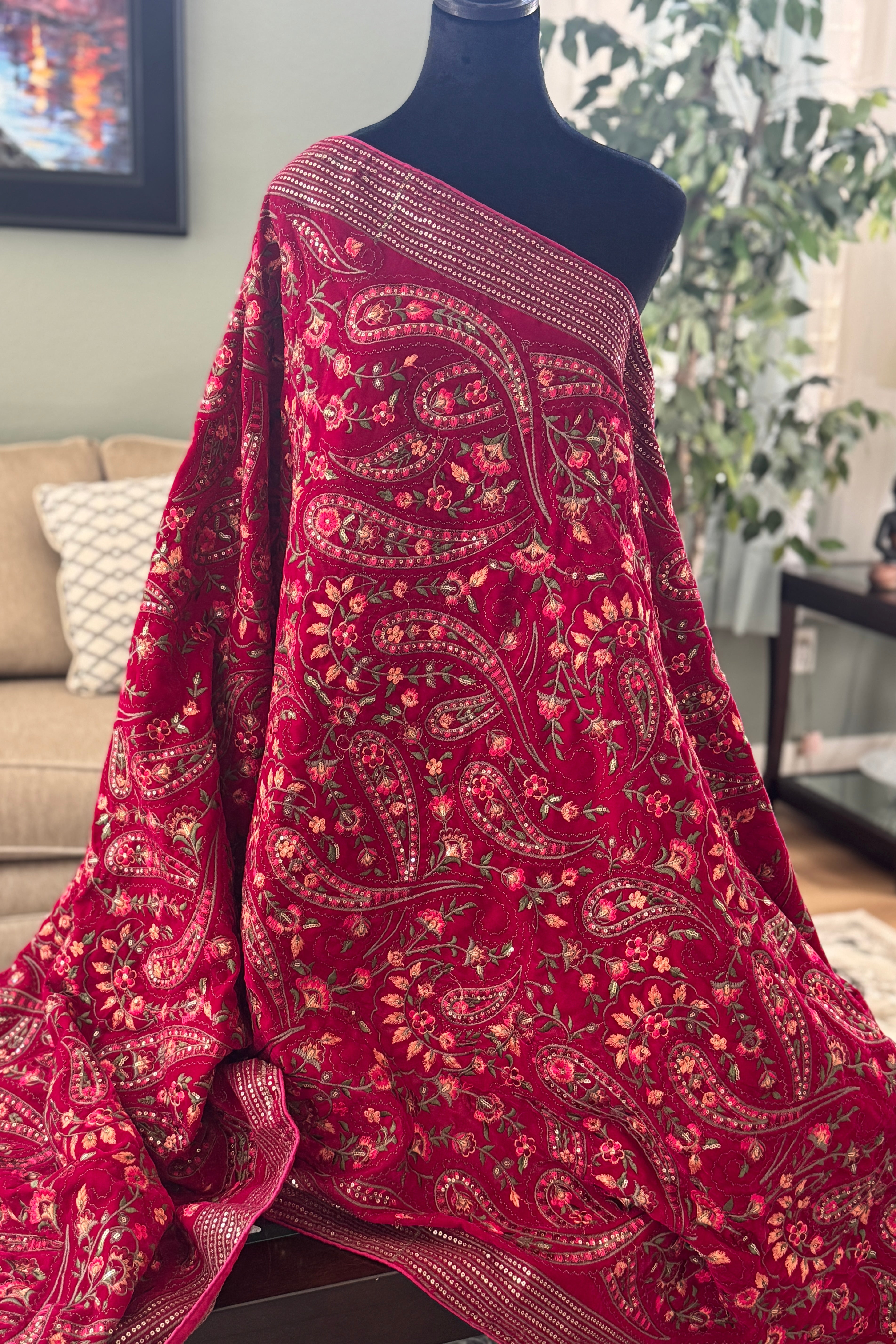 Velvet Kashmiri dupatta - maroon