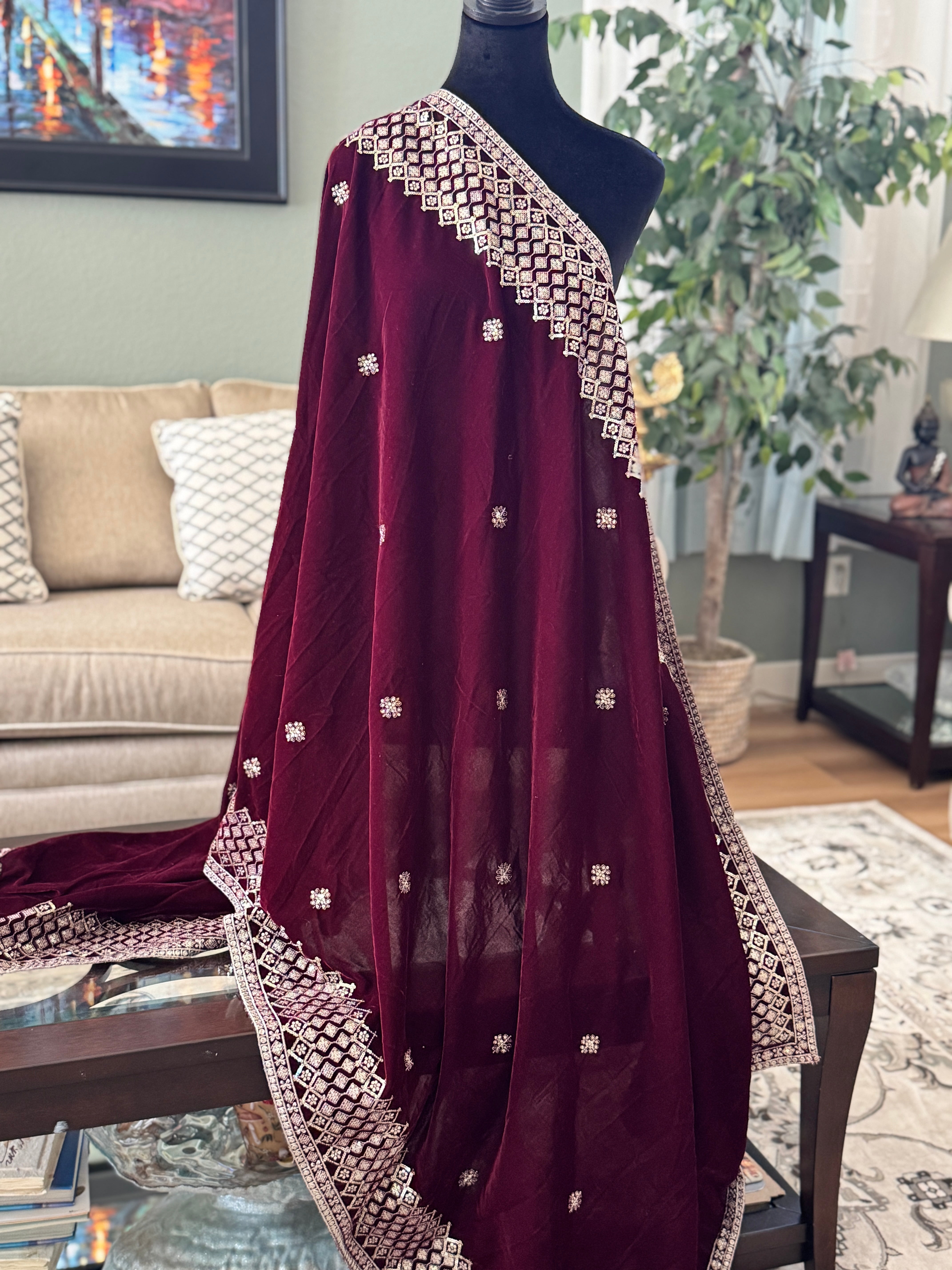 Velvet Sequence Border dupatta - wine