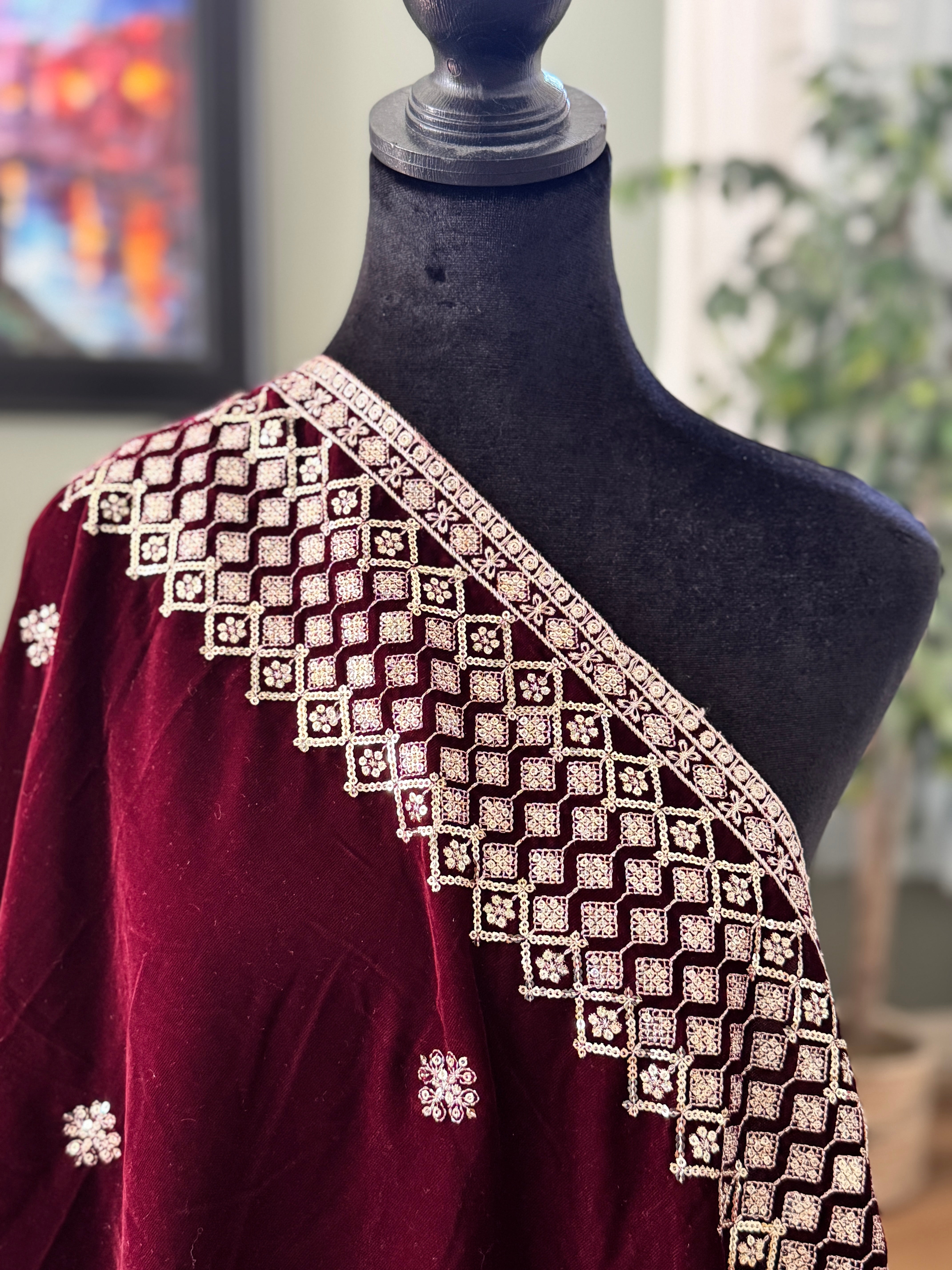 Velvet Sequence Border dupatta - wine