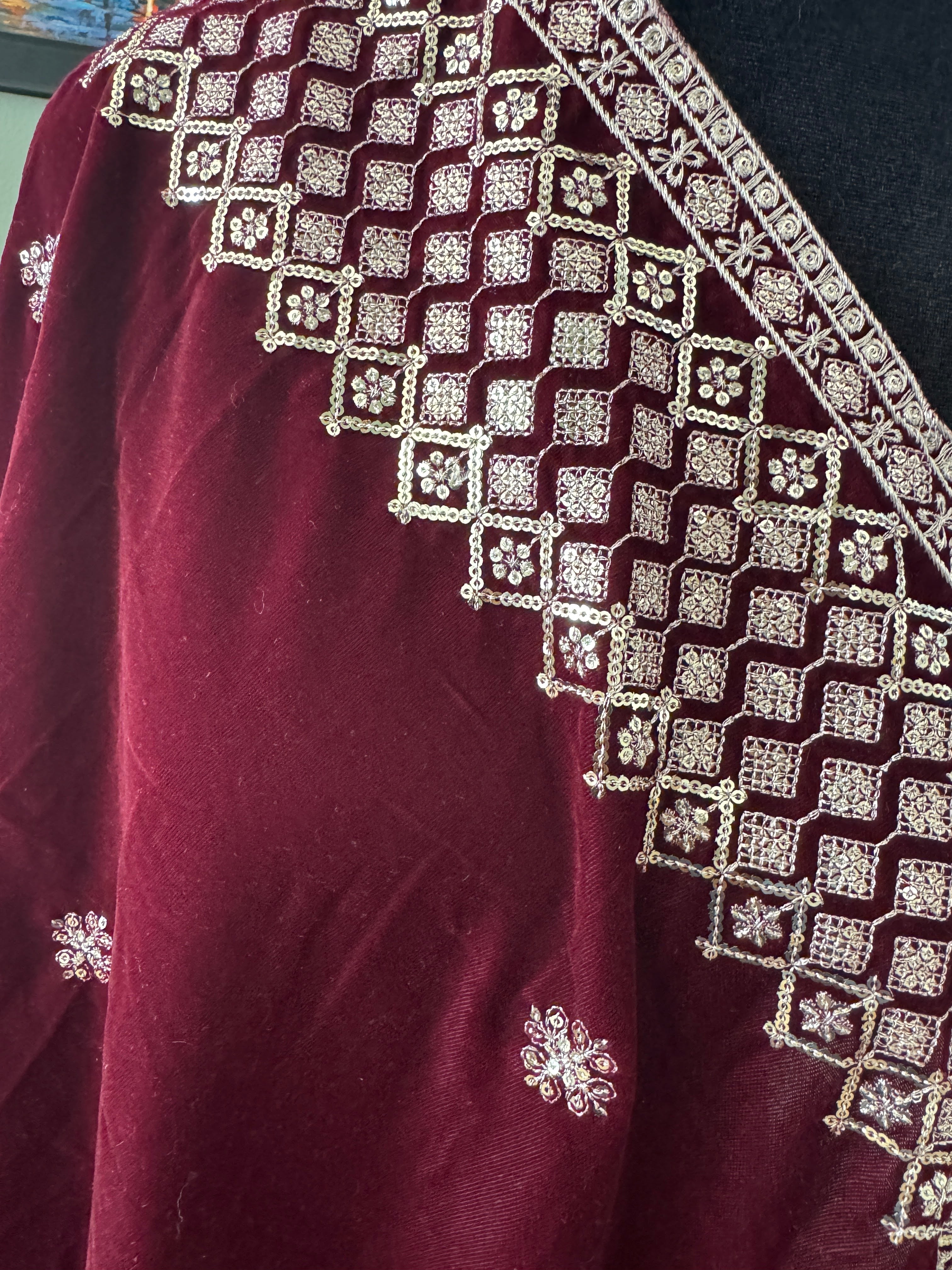 Velvet Sequence Border dupatta - wine
