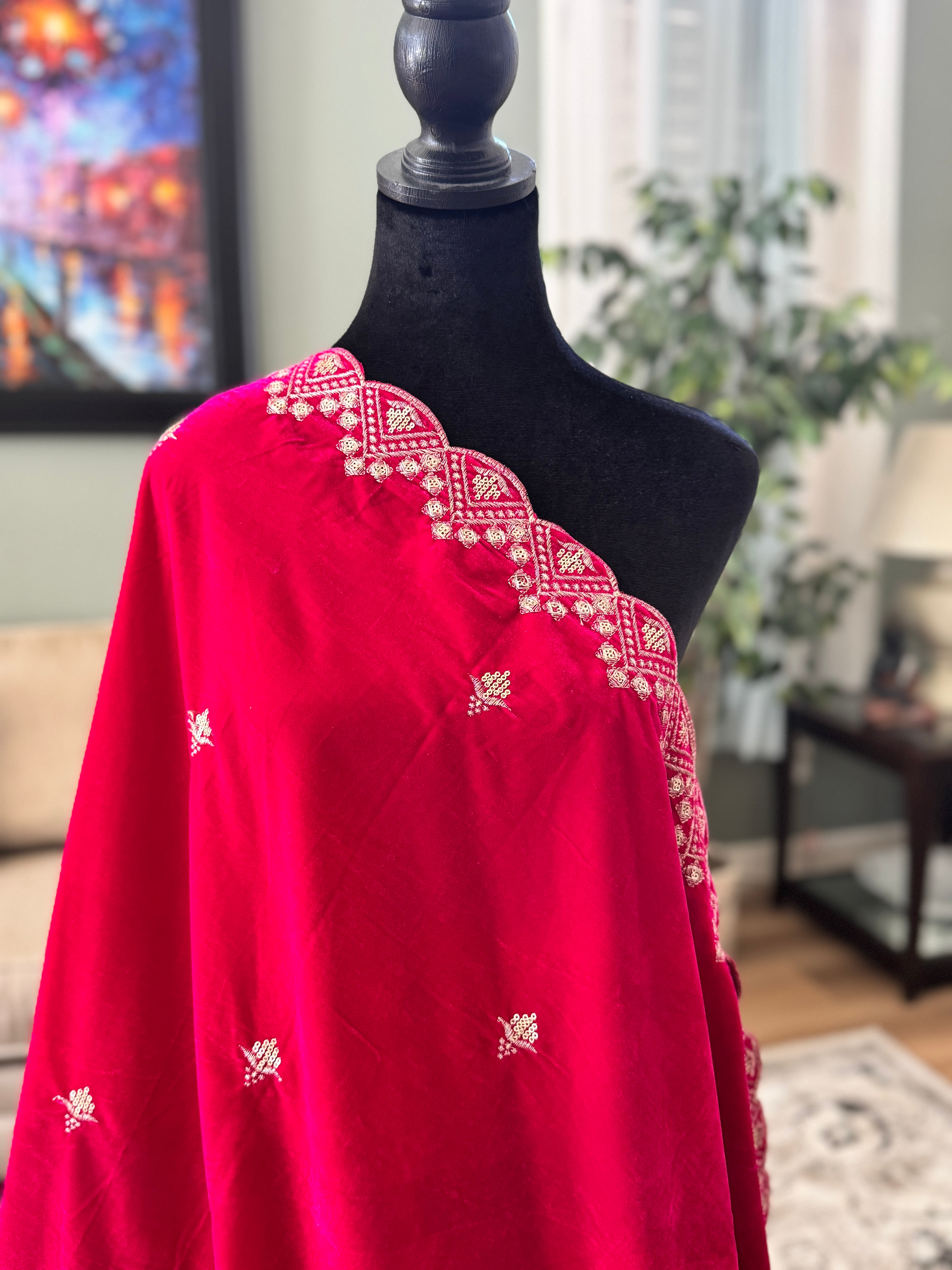 Velvet Sequence Cutwork dupatta - pink