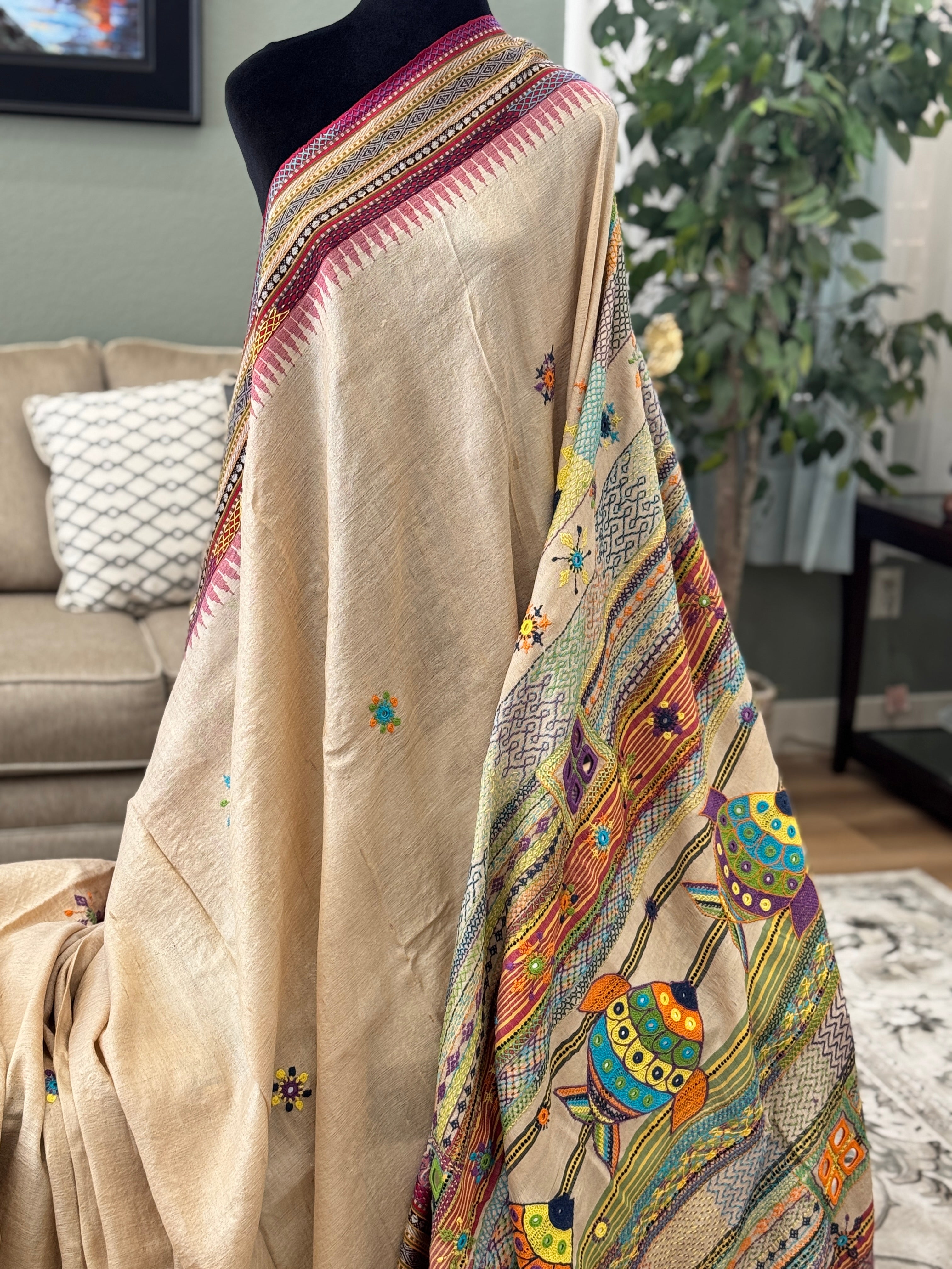 Lambani Hand Embroidered Vidharba Tussar Saree - red