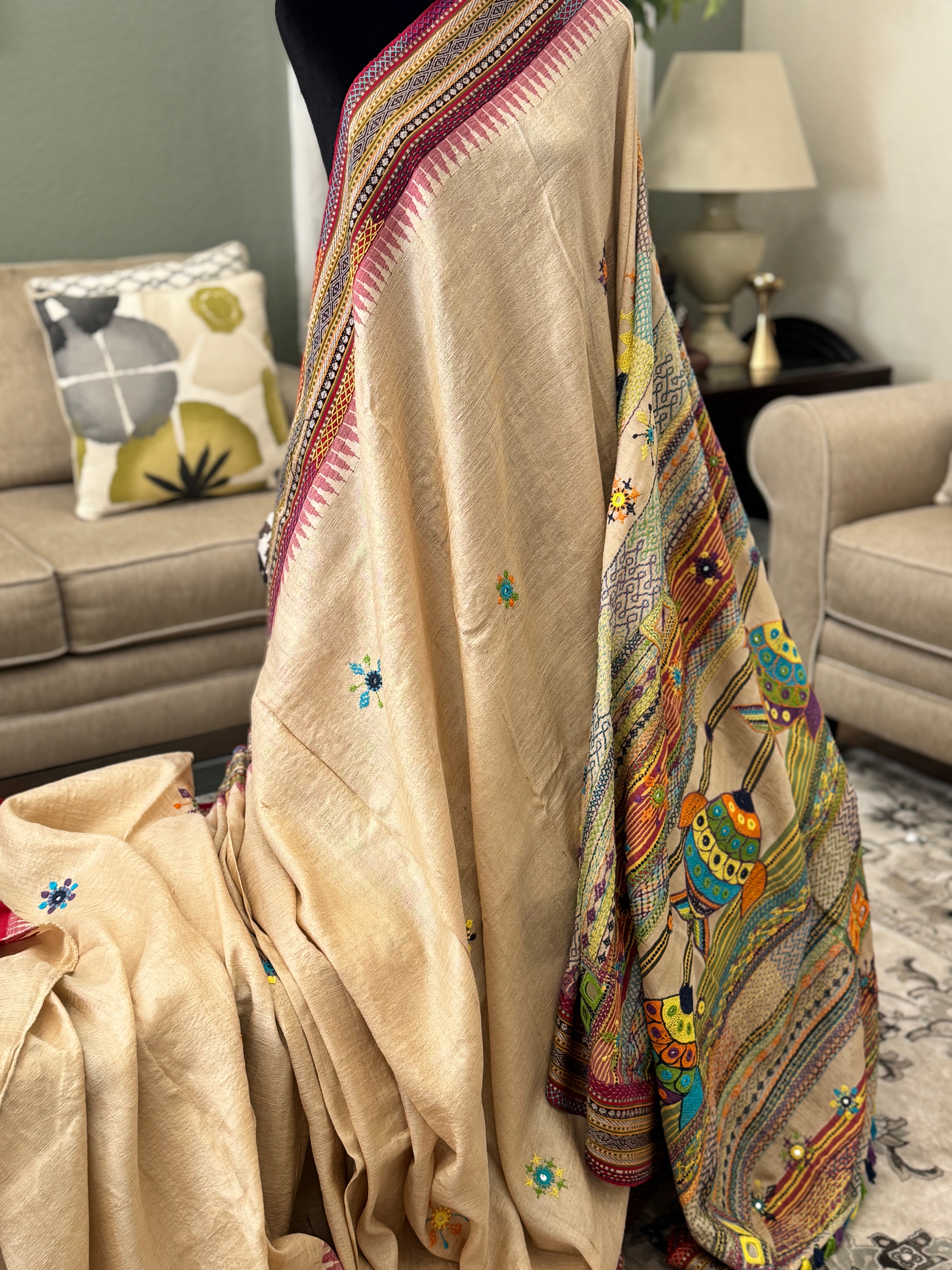 Lambani Hand Embroidered Vidharba Tussar Saree - red