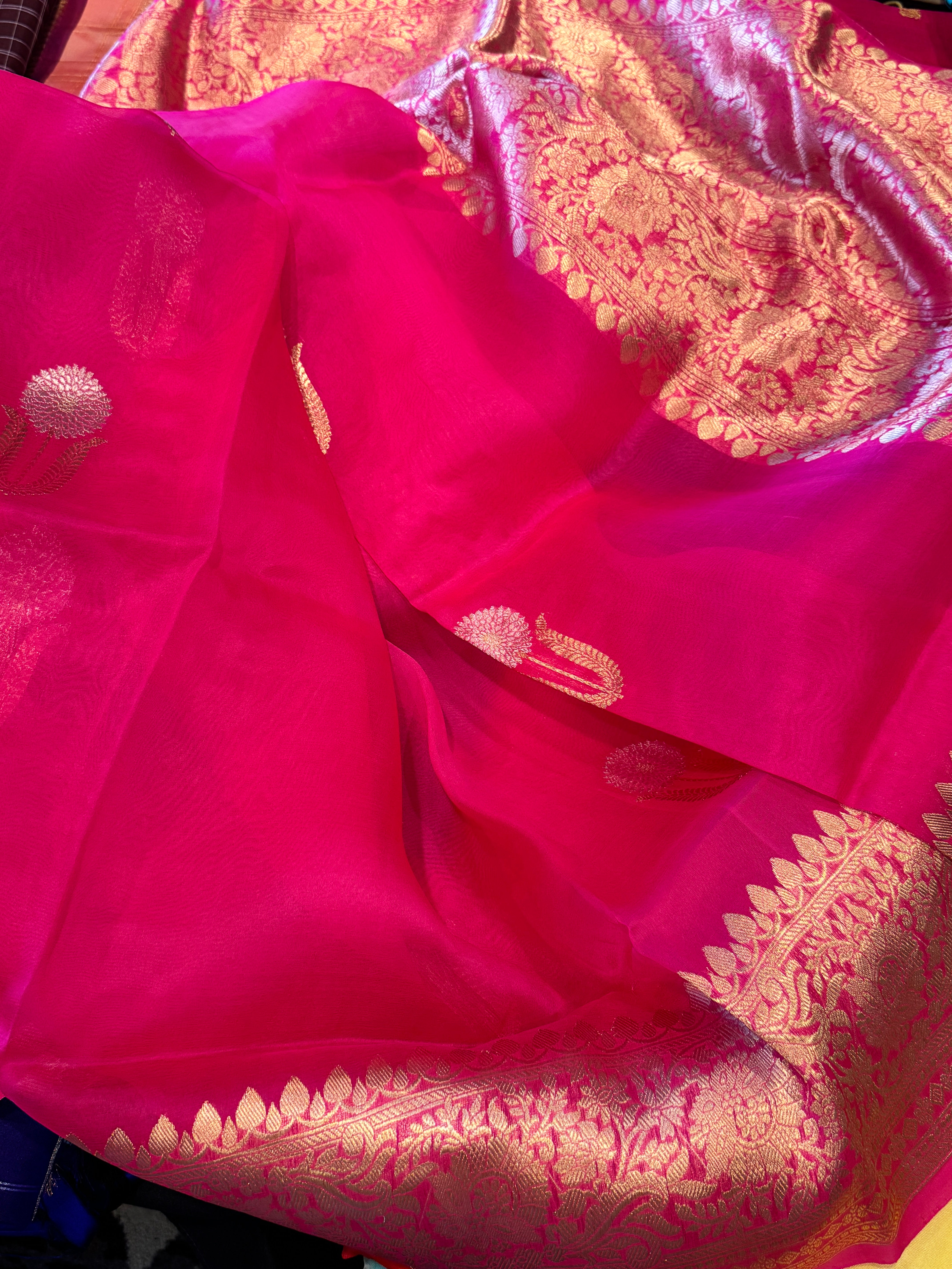 Banarasi Kora Organza Silk Handloom Saree - pink