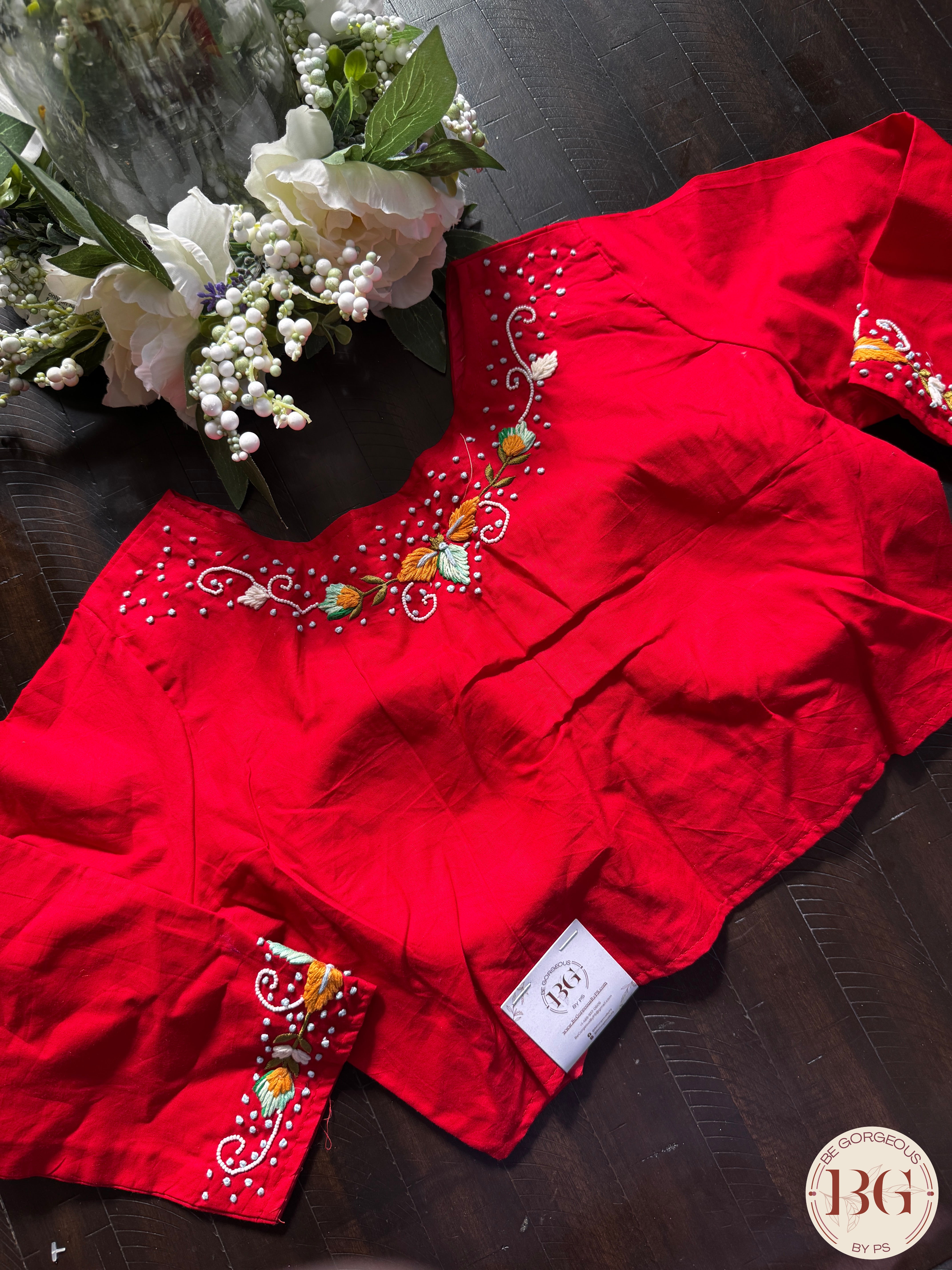 Cotton embroidedred padded readymade blouse with 3/4th sleeves and front hooks - red