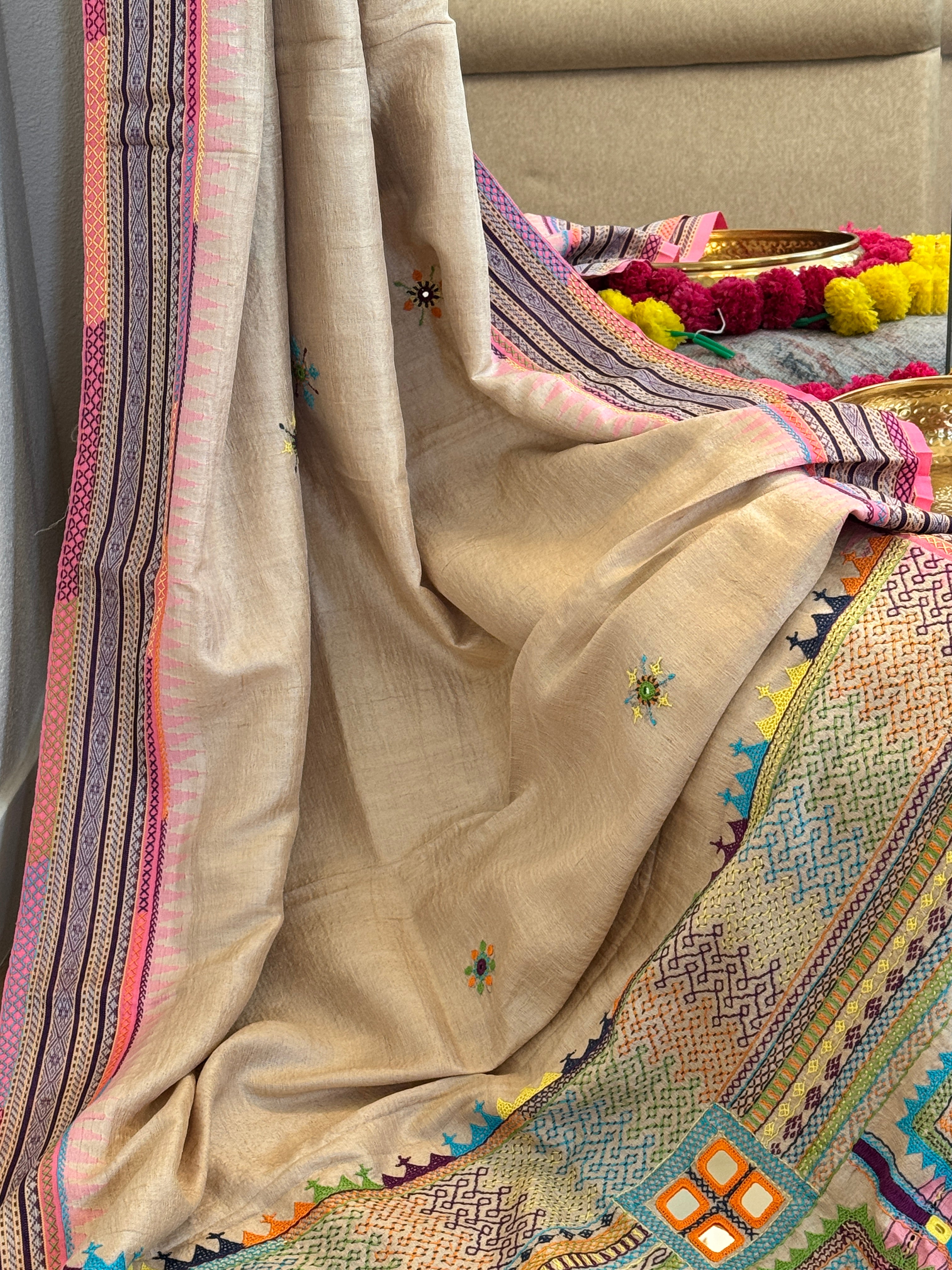 Lambani Hand Embroidered Vidharba Tussar Saree - pink