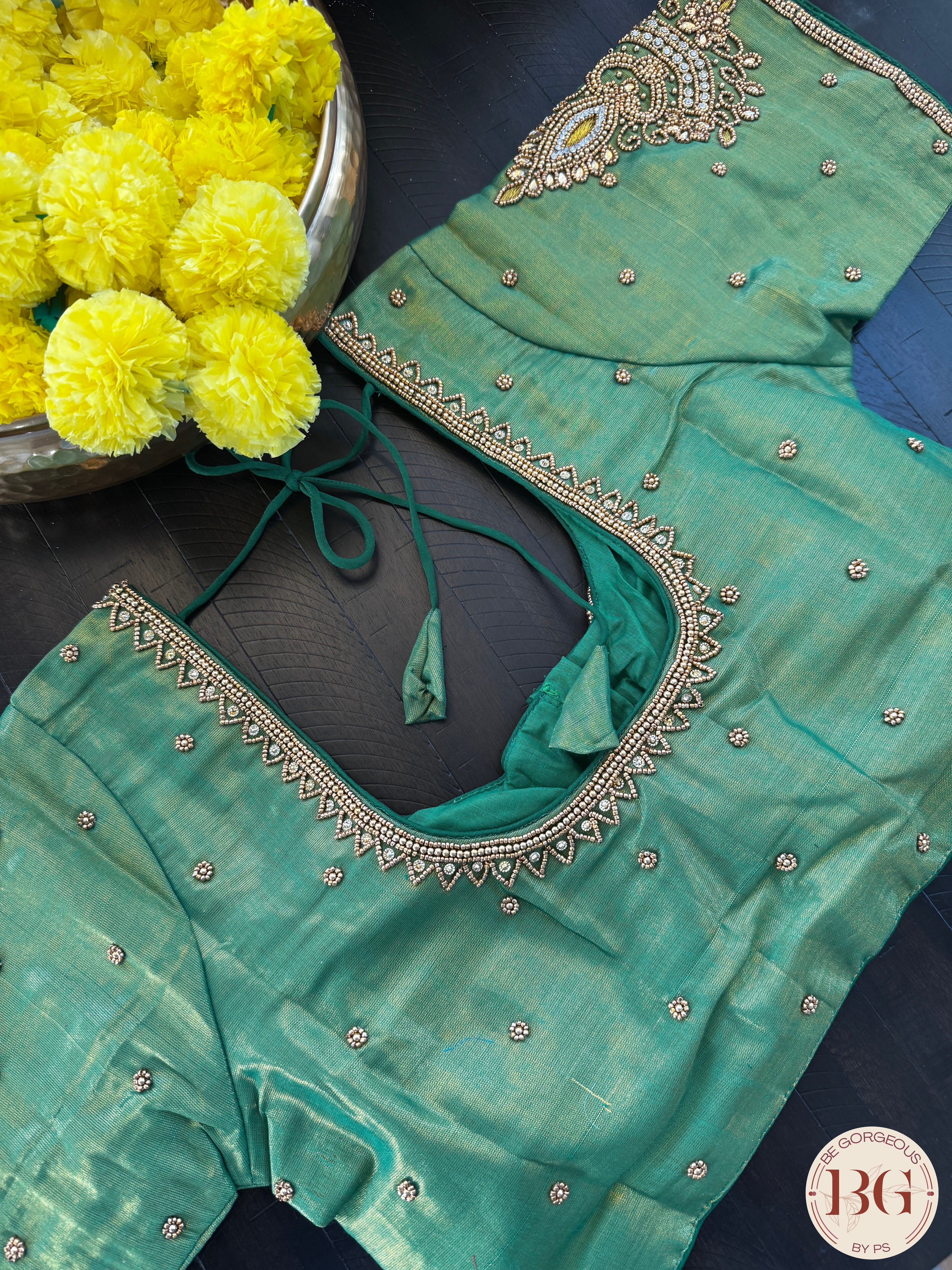 Maggam Work Readymade Padded Blouse front hooks with sleeves - sage green