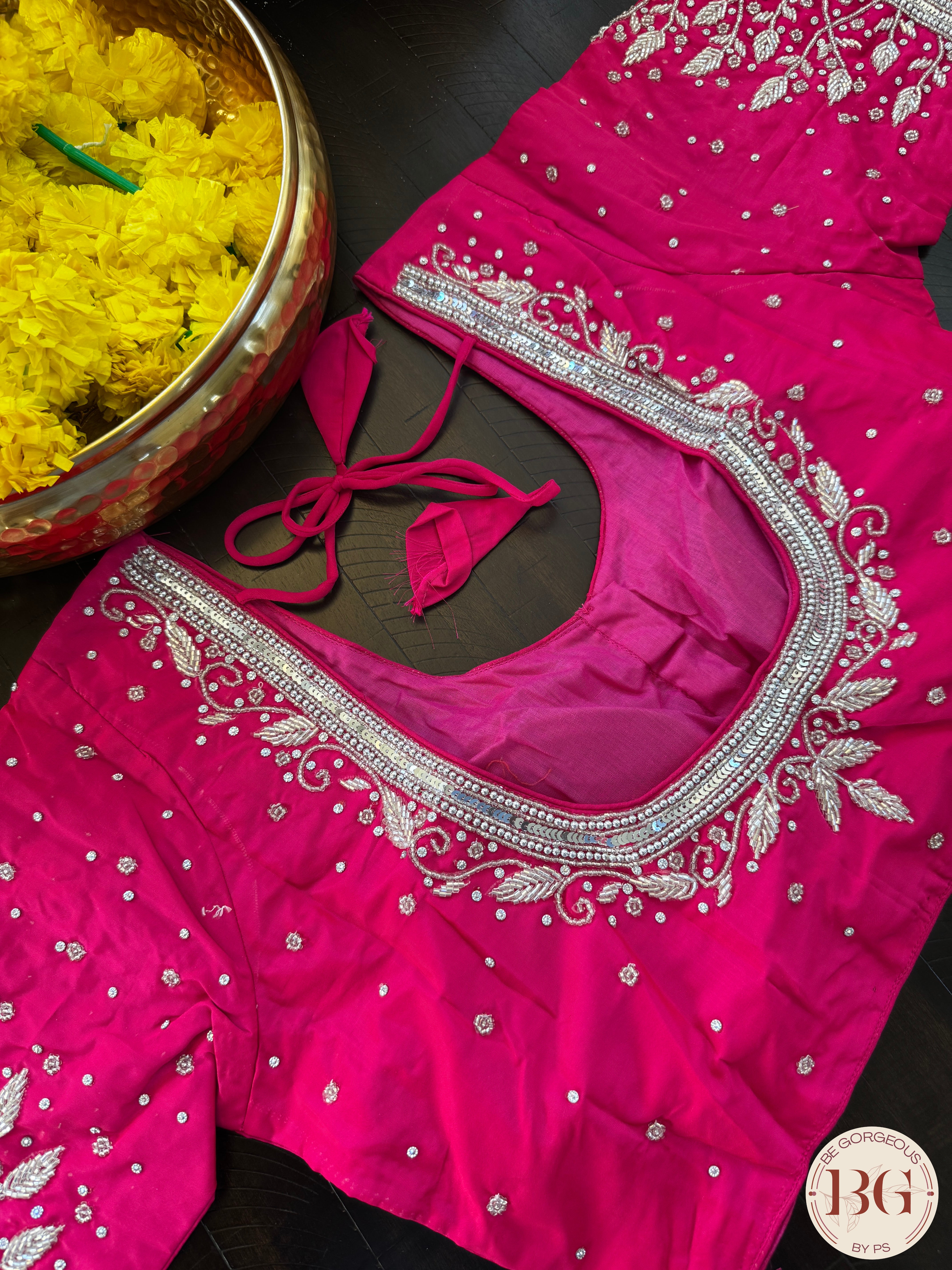 Maggam Work Readymade Padded Blouse front hooks with sleeves - rani pink