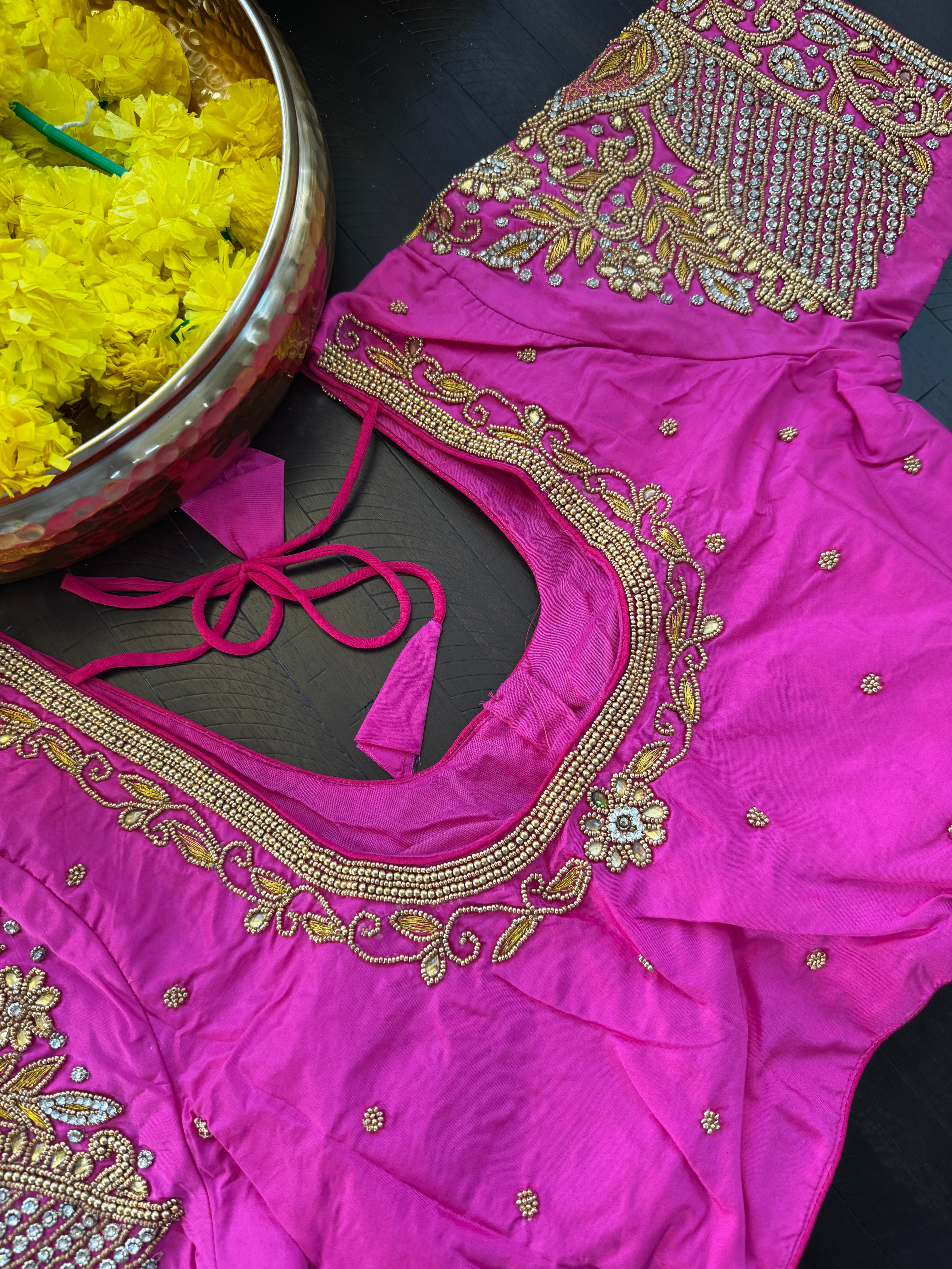 Maggam Work Readymade Padded Blouse front hooks with sleeves - rani pink