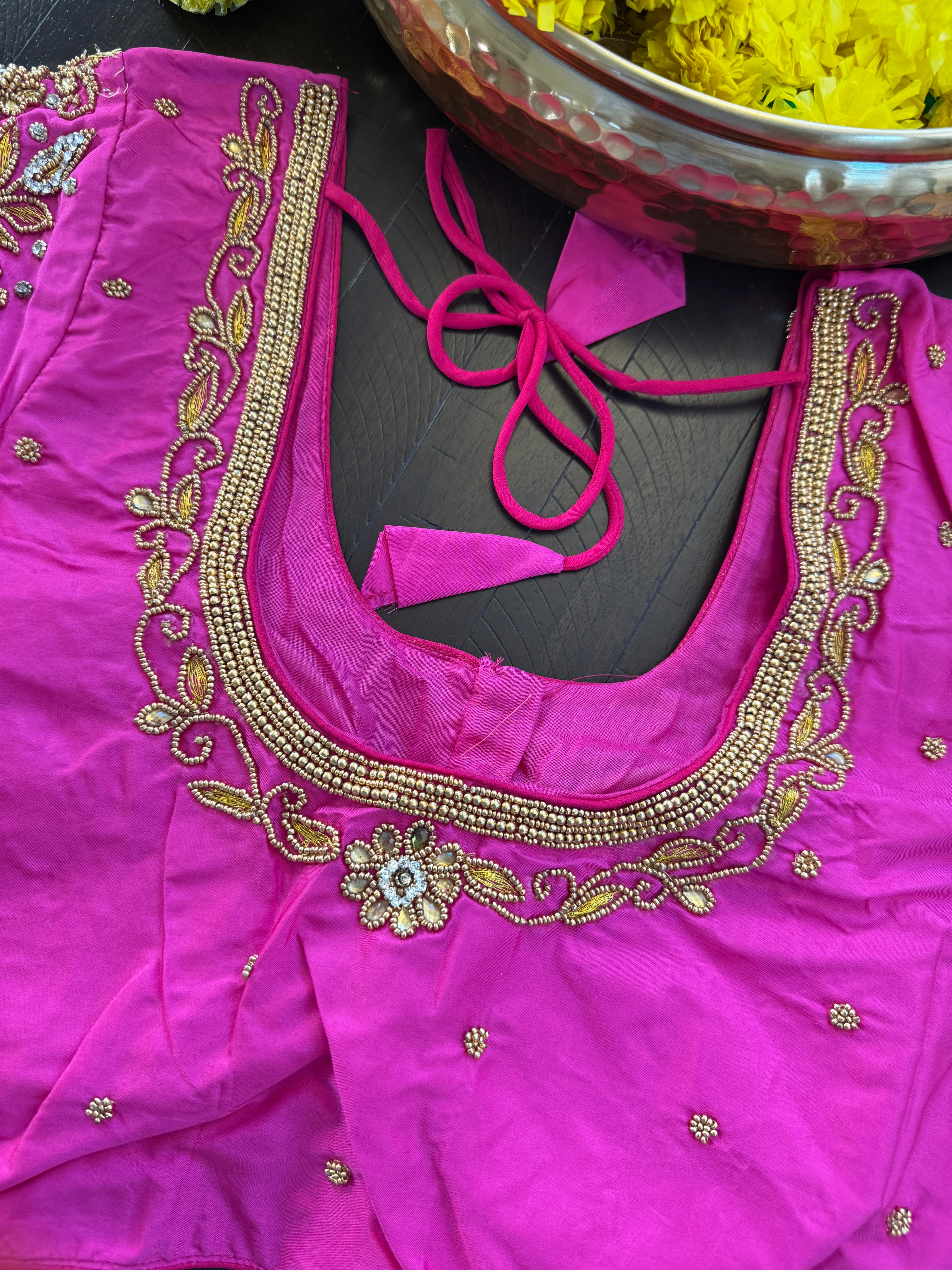 Maggam Work Readymade Padded Blouse front hooks with sleeves - rani pink