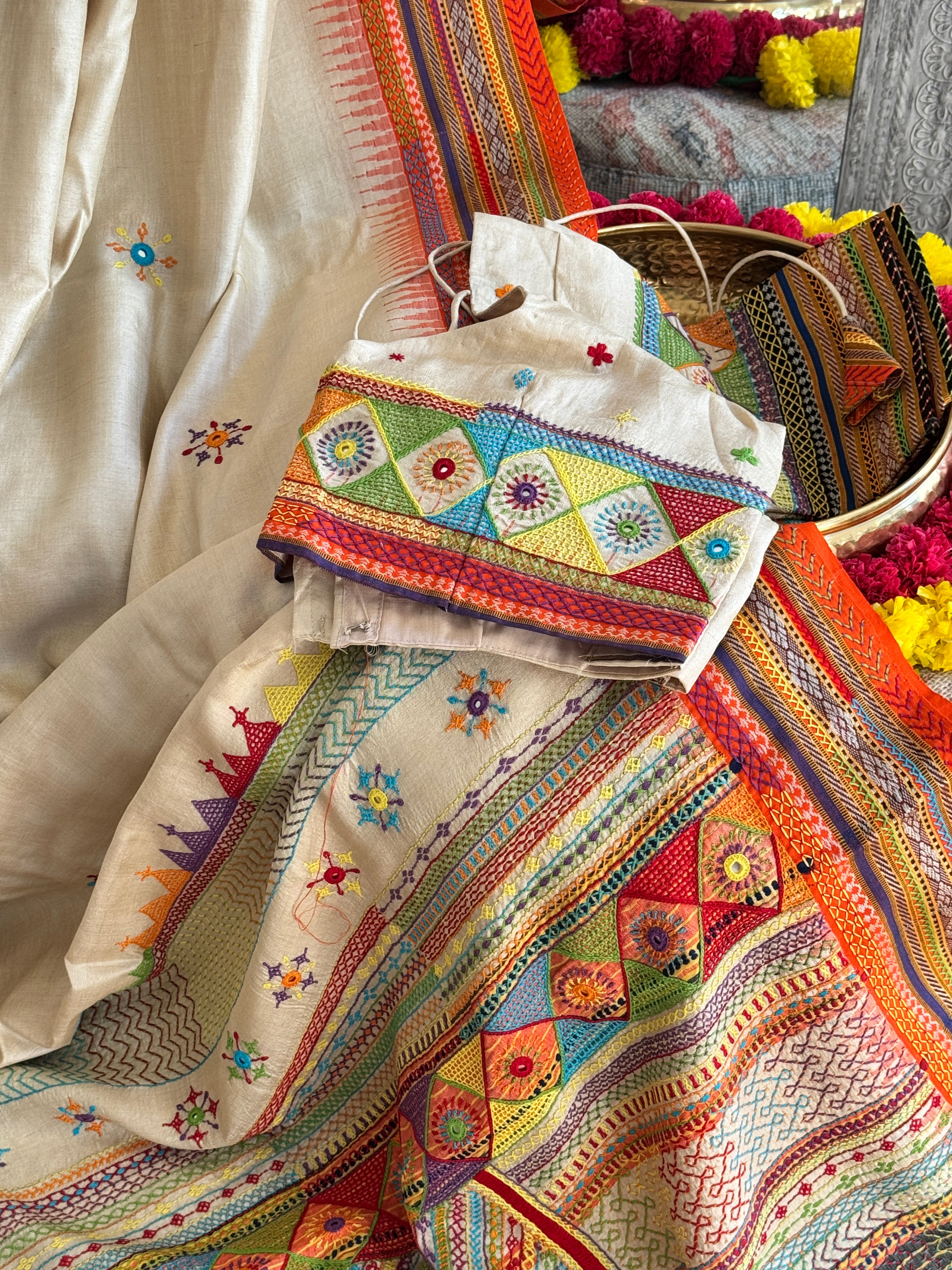 Lambani Hand Embroidered Vidharba Tussar Saree - orange