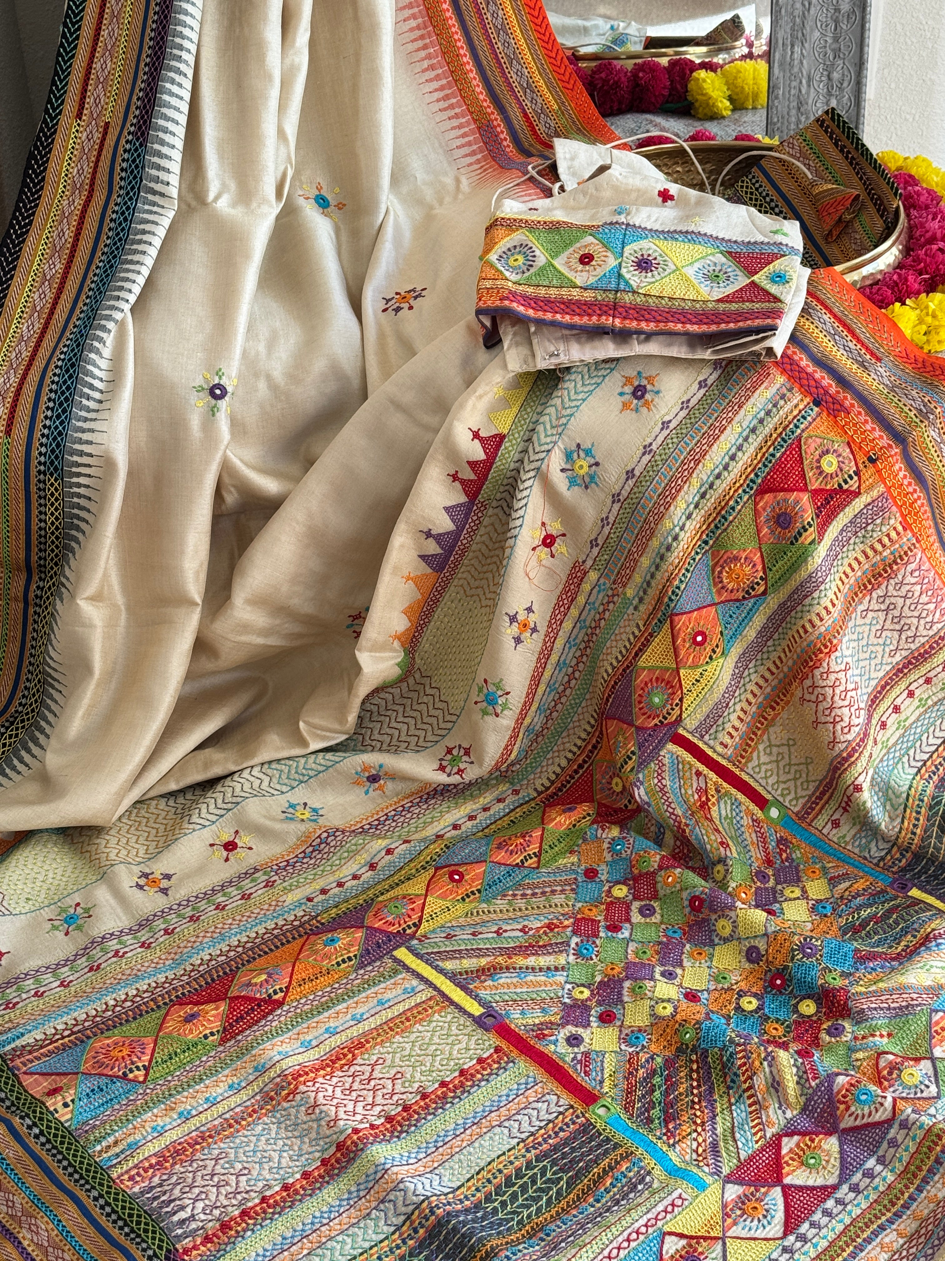 Lambani Hand Embroidered Vidharba Tussar Saree - orange