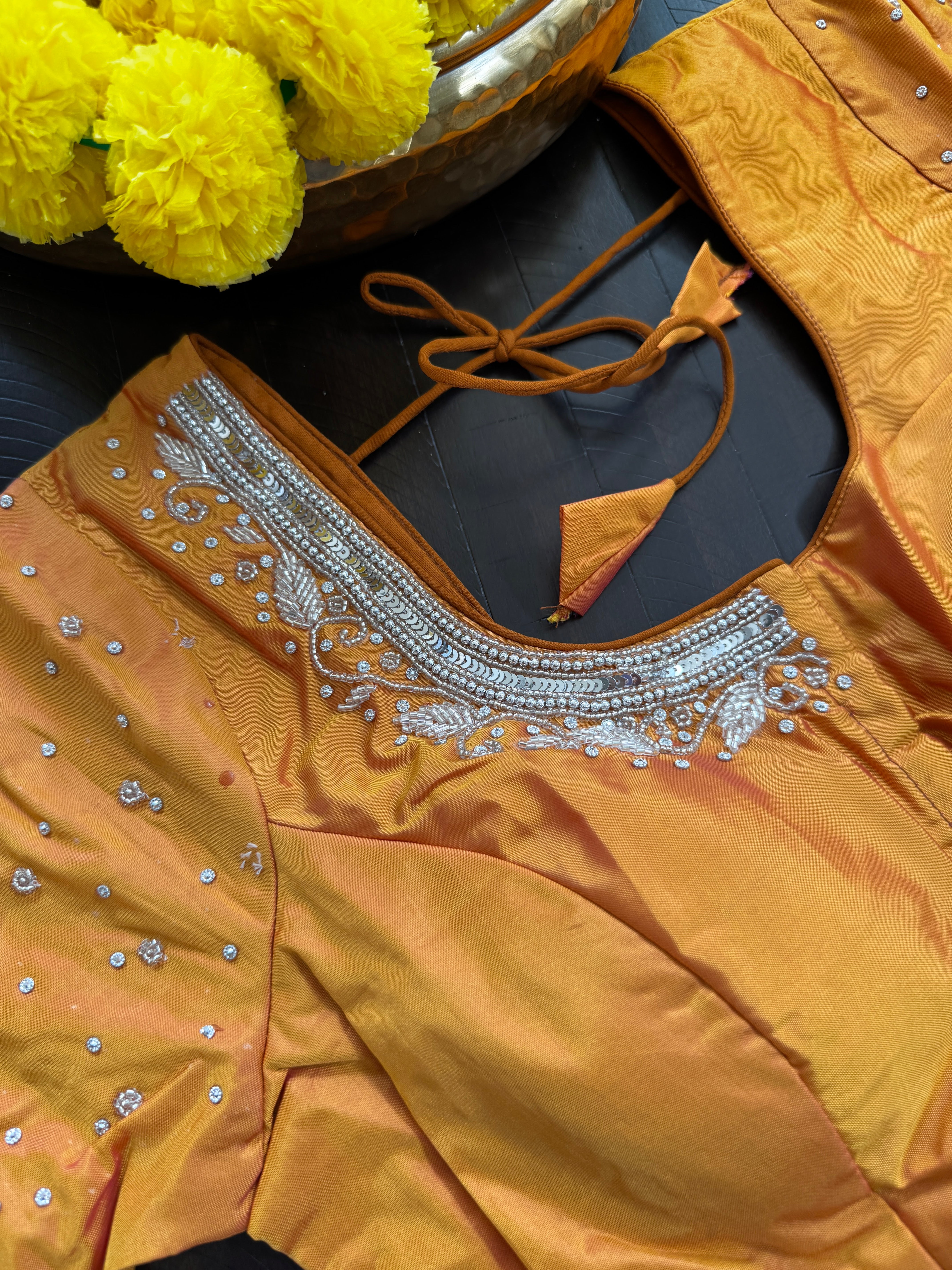 Maggam Work Readymade Padded Blouse front hooks with sleeves - Orange