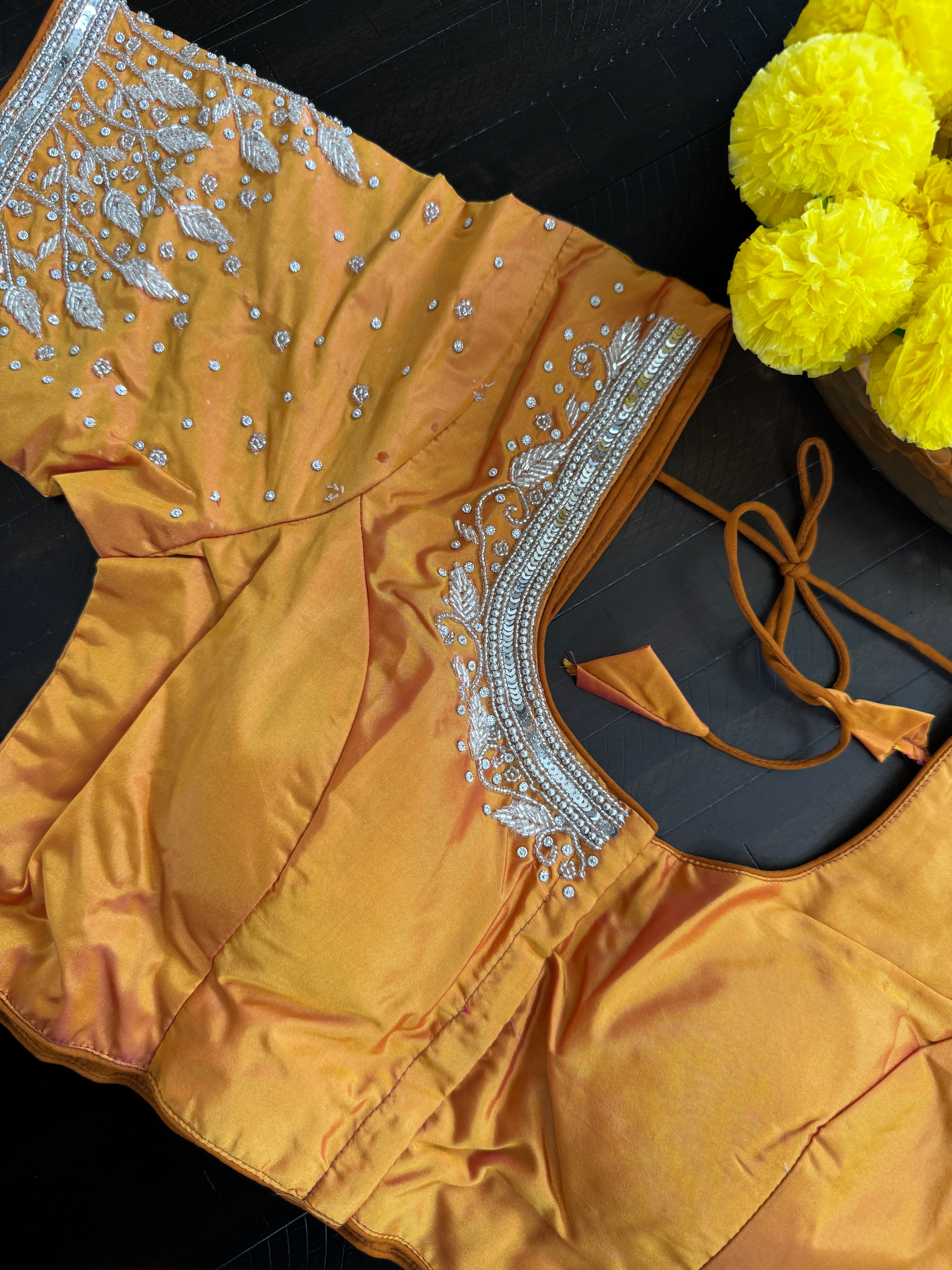 Maggam Work Readymade Padded Blouse front hooks with sleeves - Orange