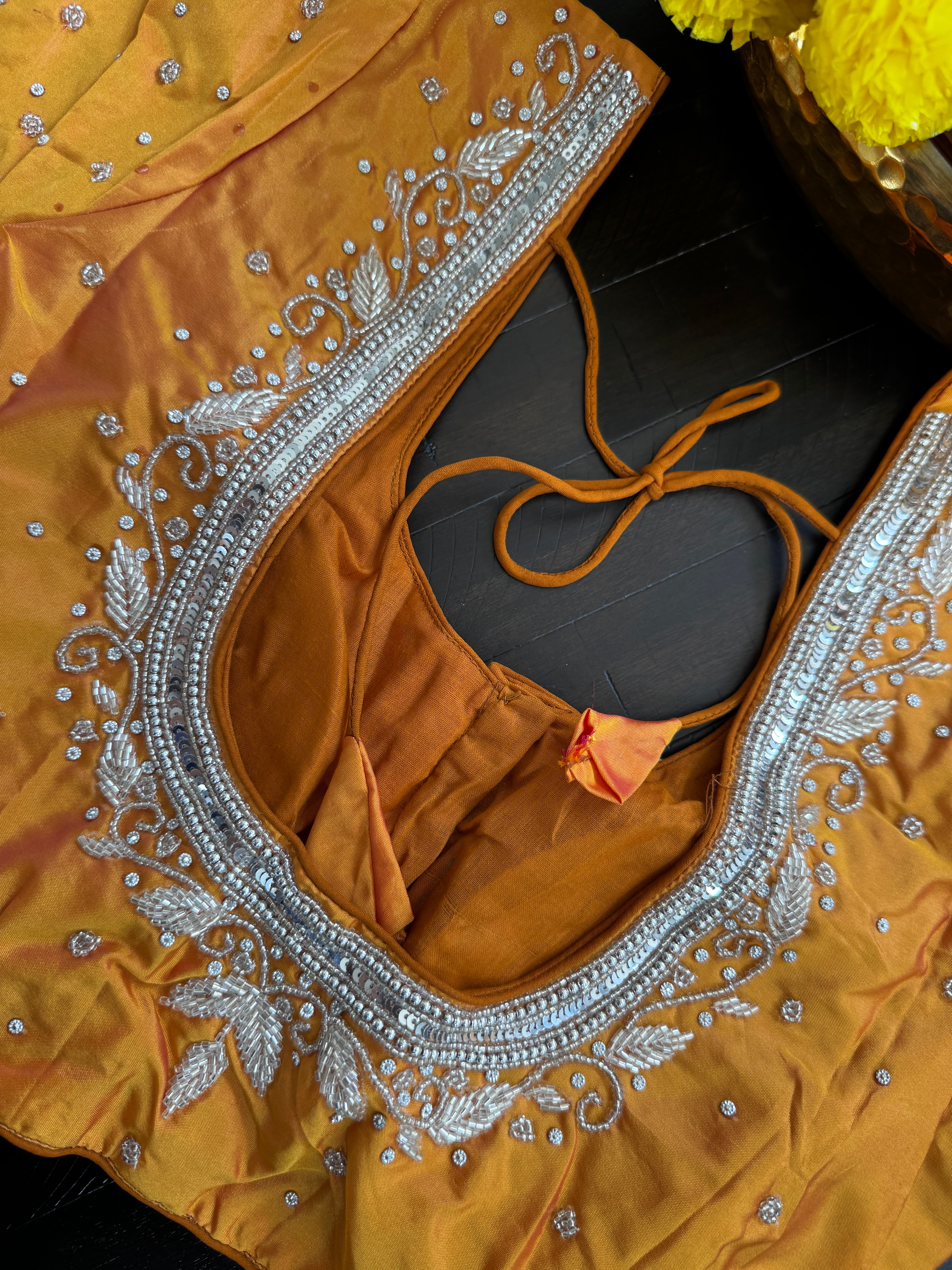 Maggam Work Readymade Padded Blouse front hooks with sleeves - Orange