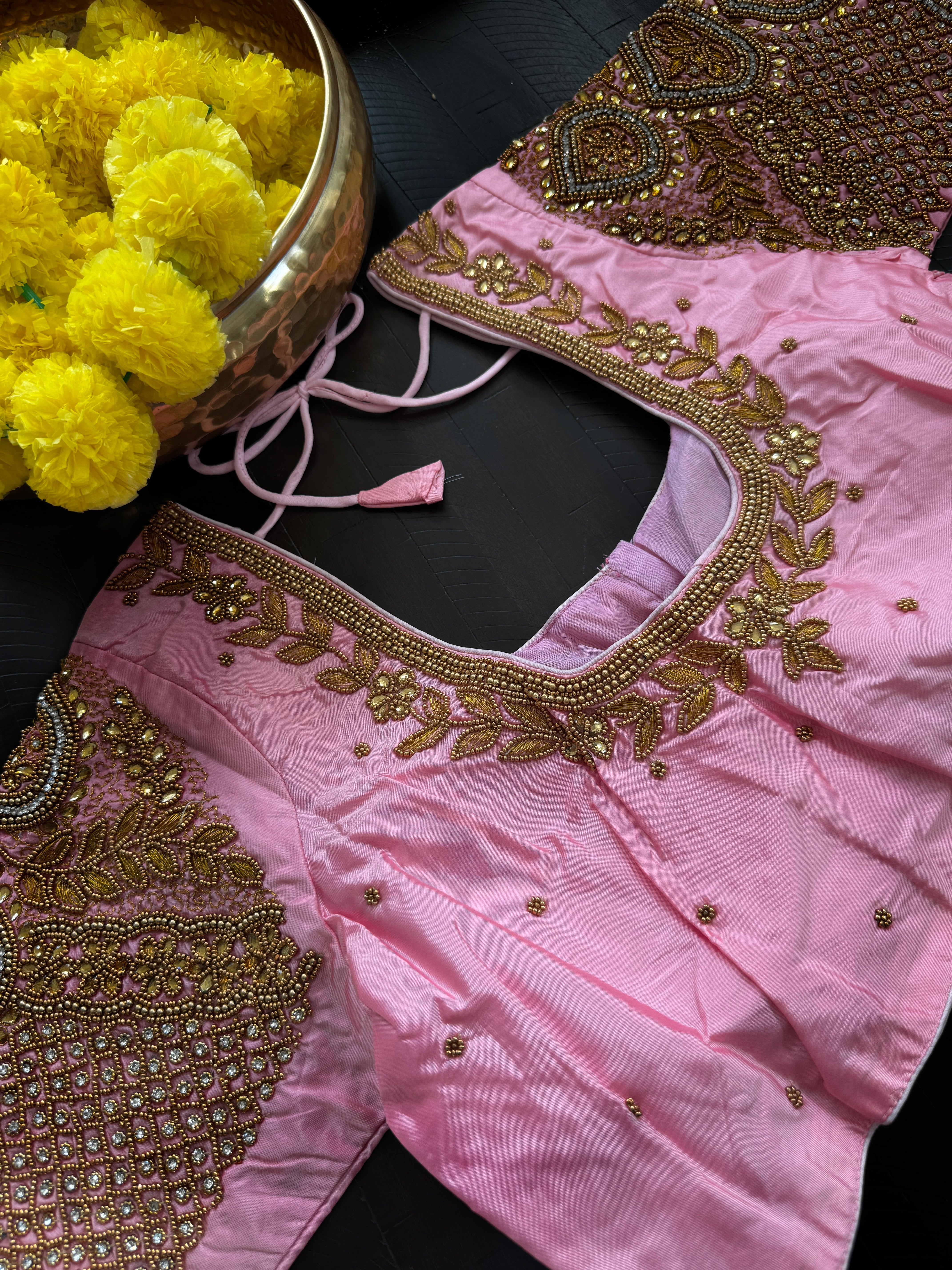 Maggam Work Readymade Padded Blouse front hooks with sleeves - Pastel pink