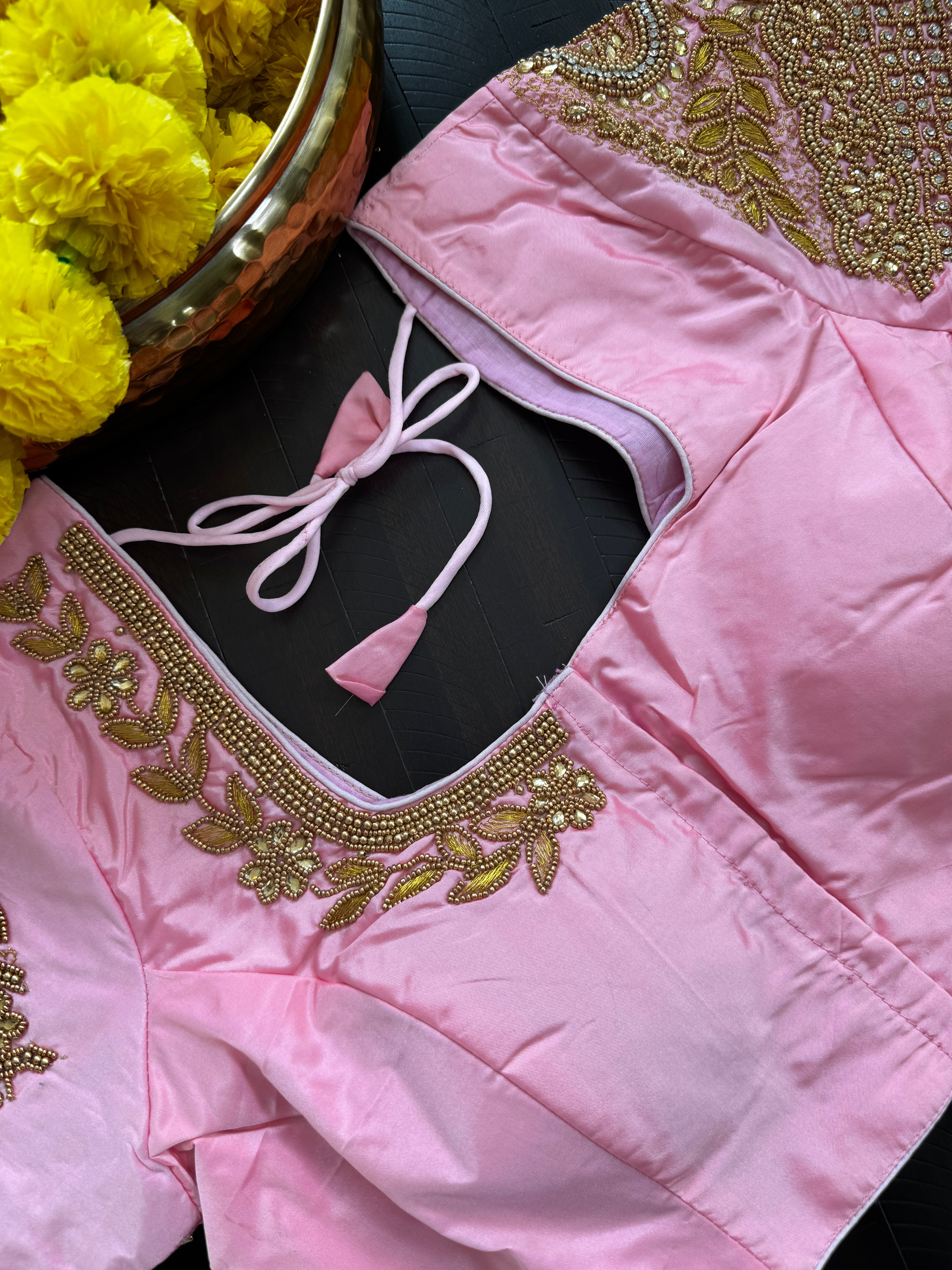 Maggam Work Readymade Padded Blouse front hooks with sleeves - Pastel pink