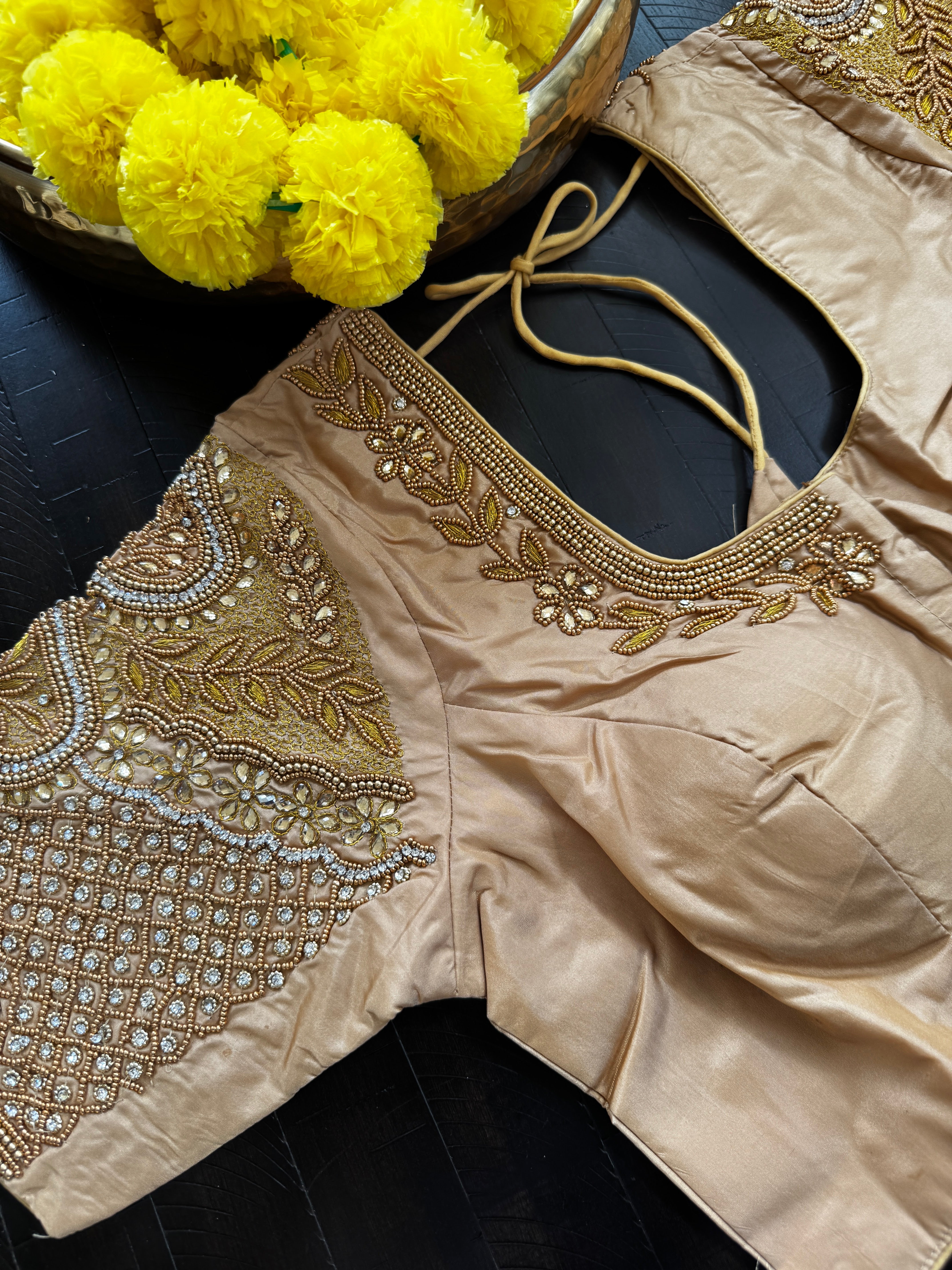 Maggam Work Readymade Padded Blouse front hooks with sleeves - Gold