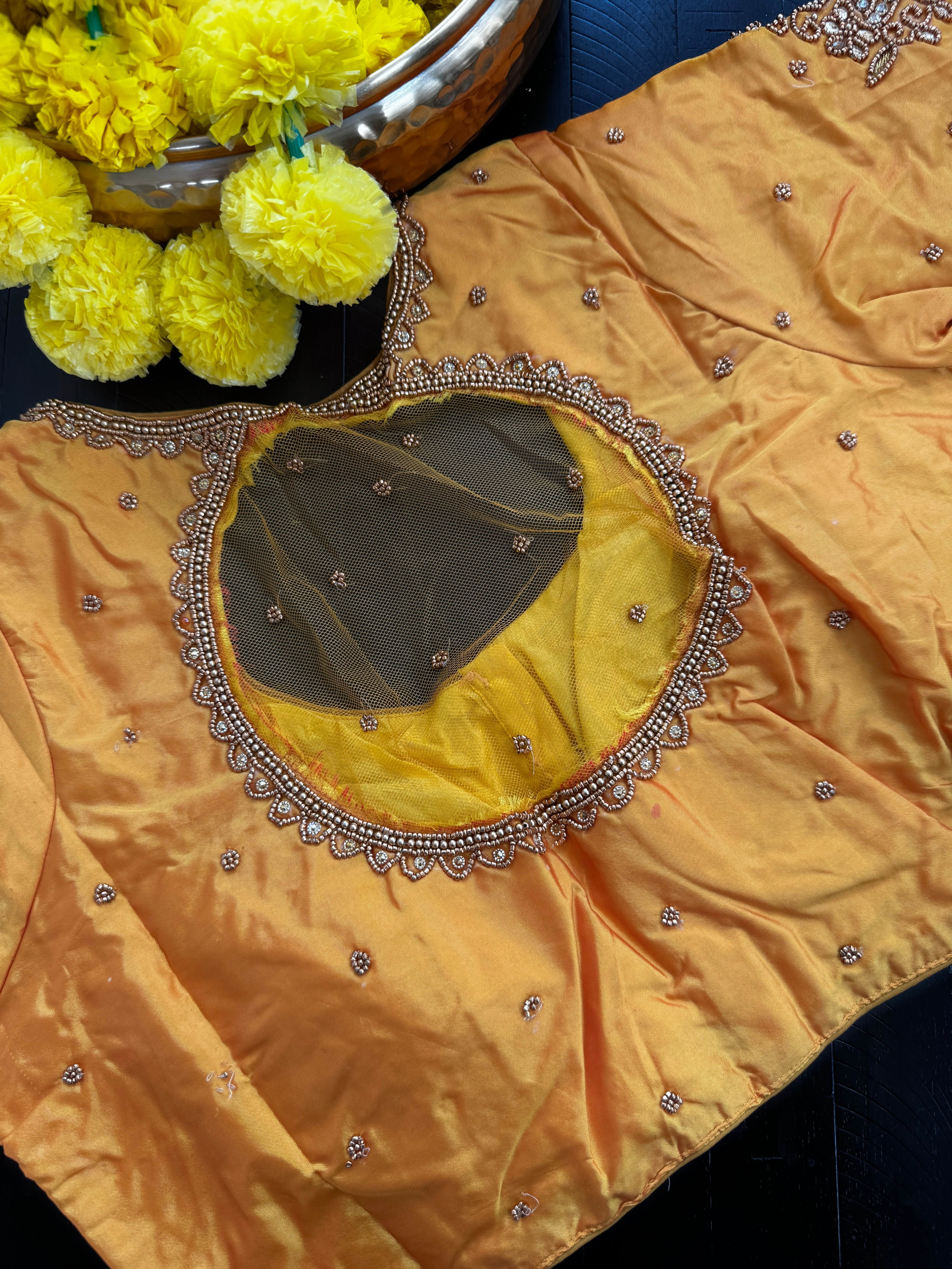 Maggam Work Readymade Padded Blouse front hooks with sleeves - Yellow