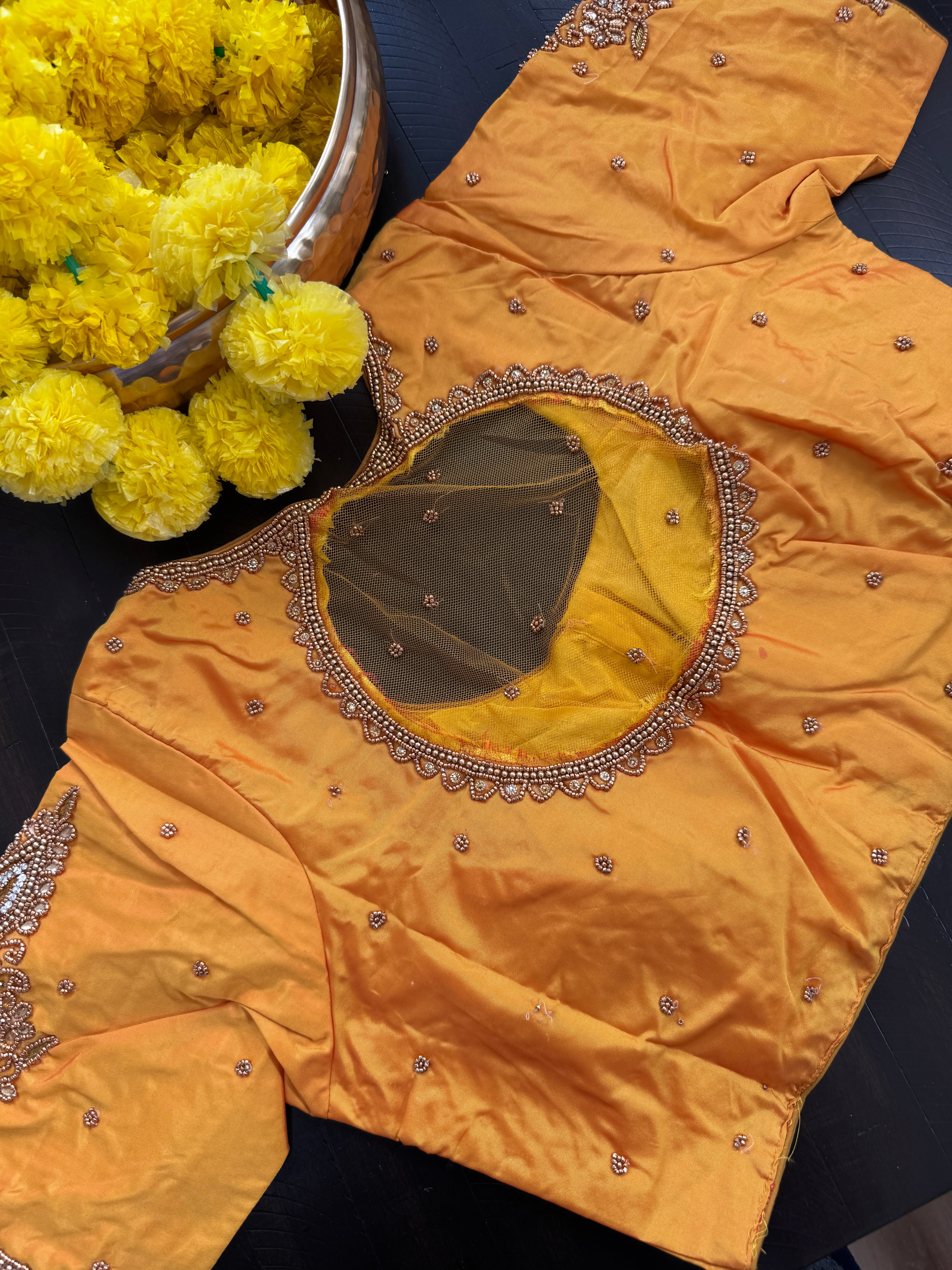 Maggam Work Readymade Padded Blouse front hooks with sleeves - Yellow