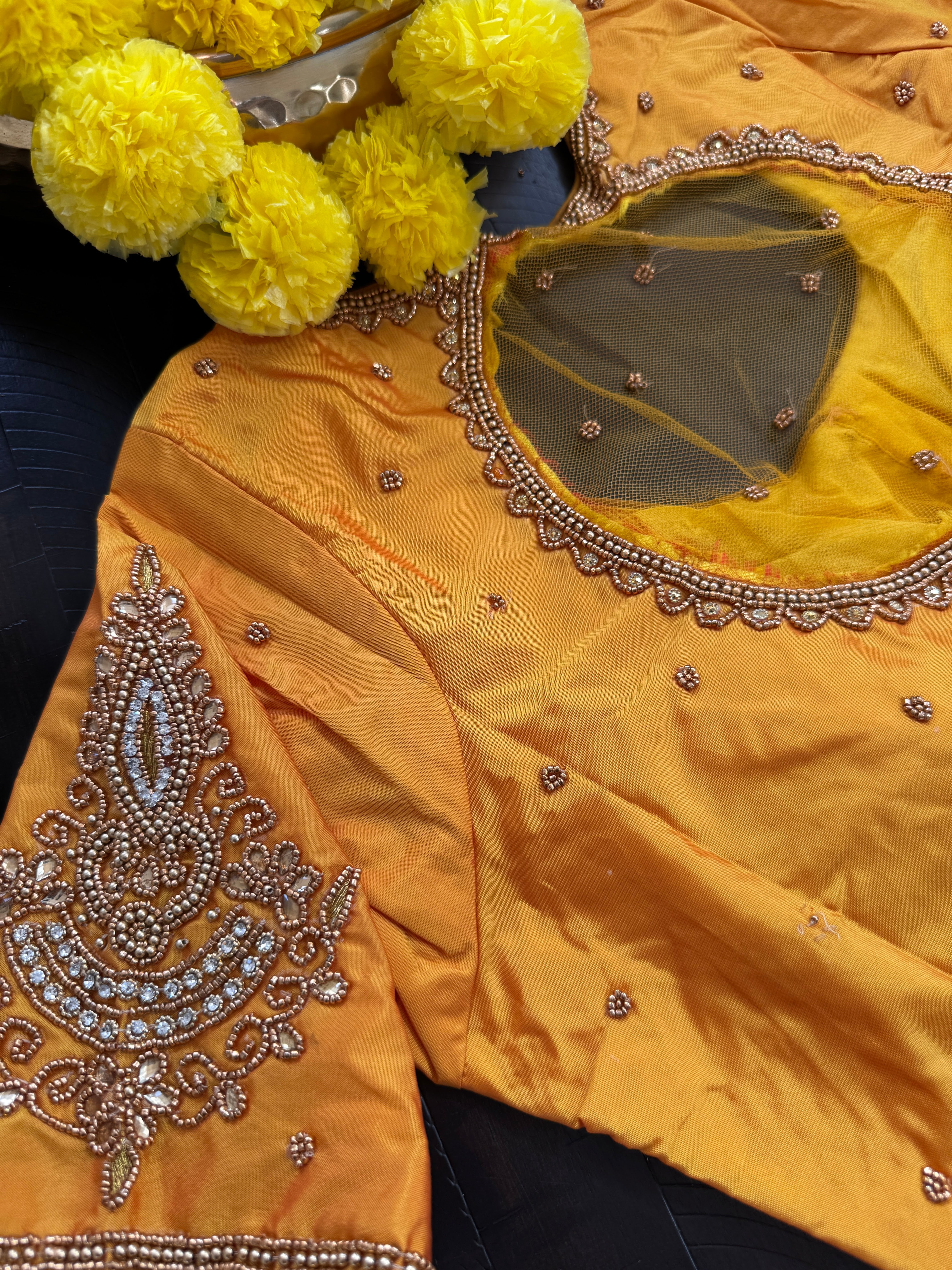 Maggam Work Readymade Padded Blouse front hooks with sleeves - Yellow