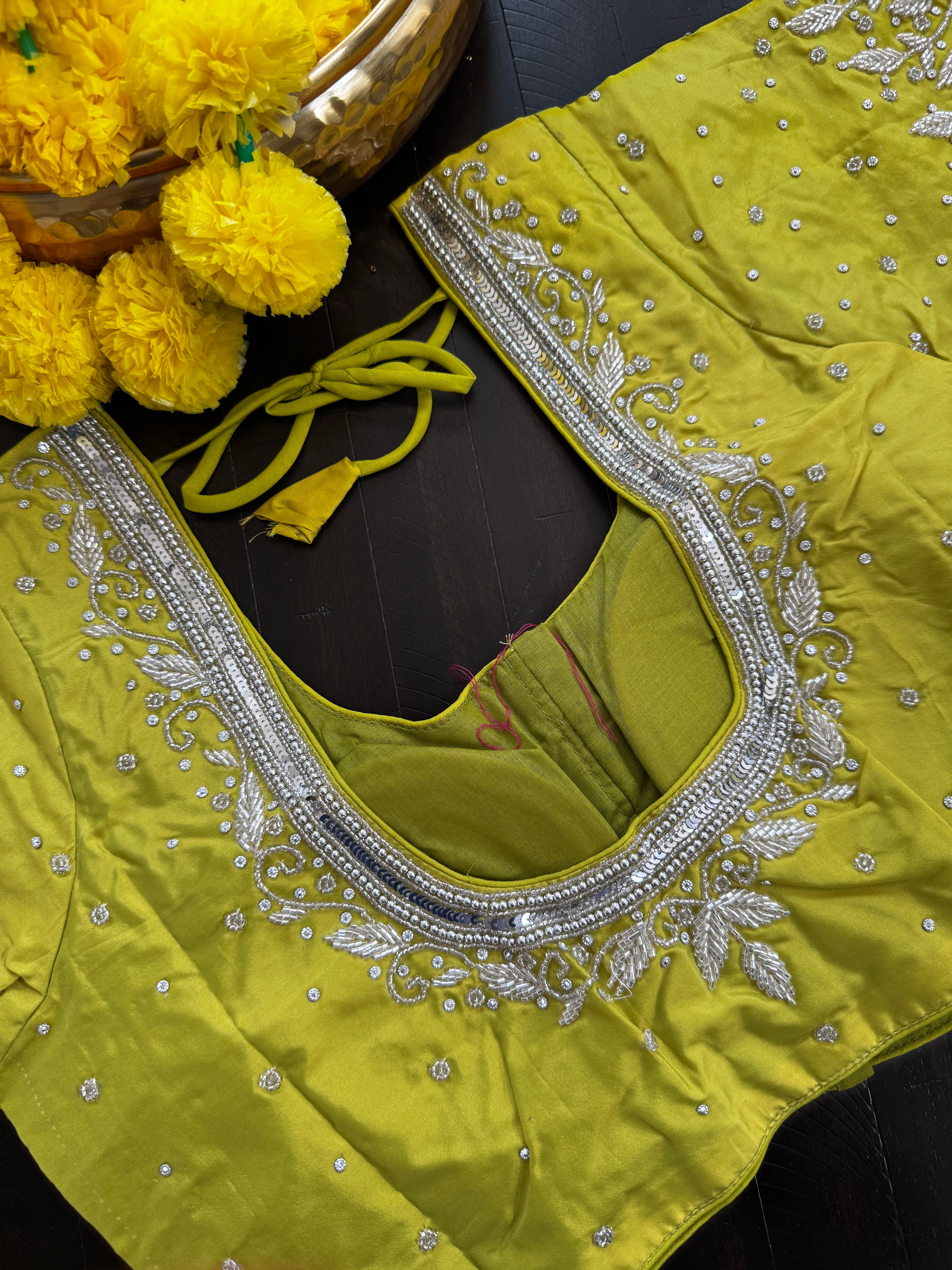 Maggam Work Readymade Padded Blouse front hooks with sleeves - Green