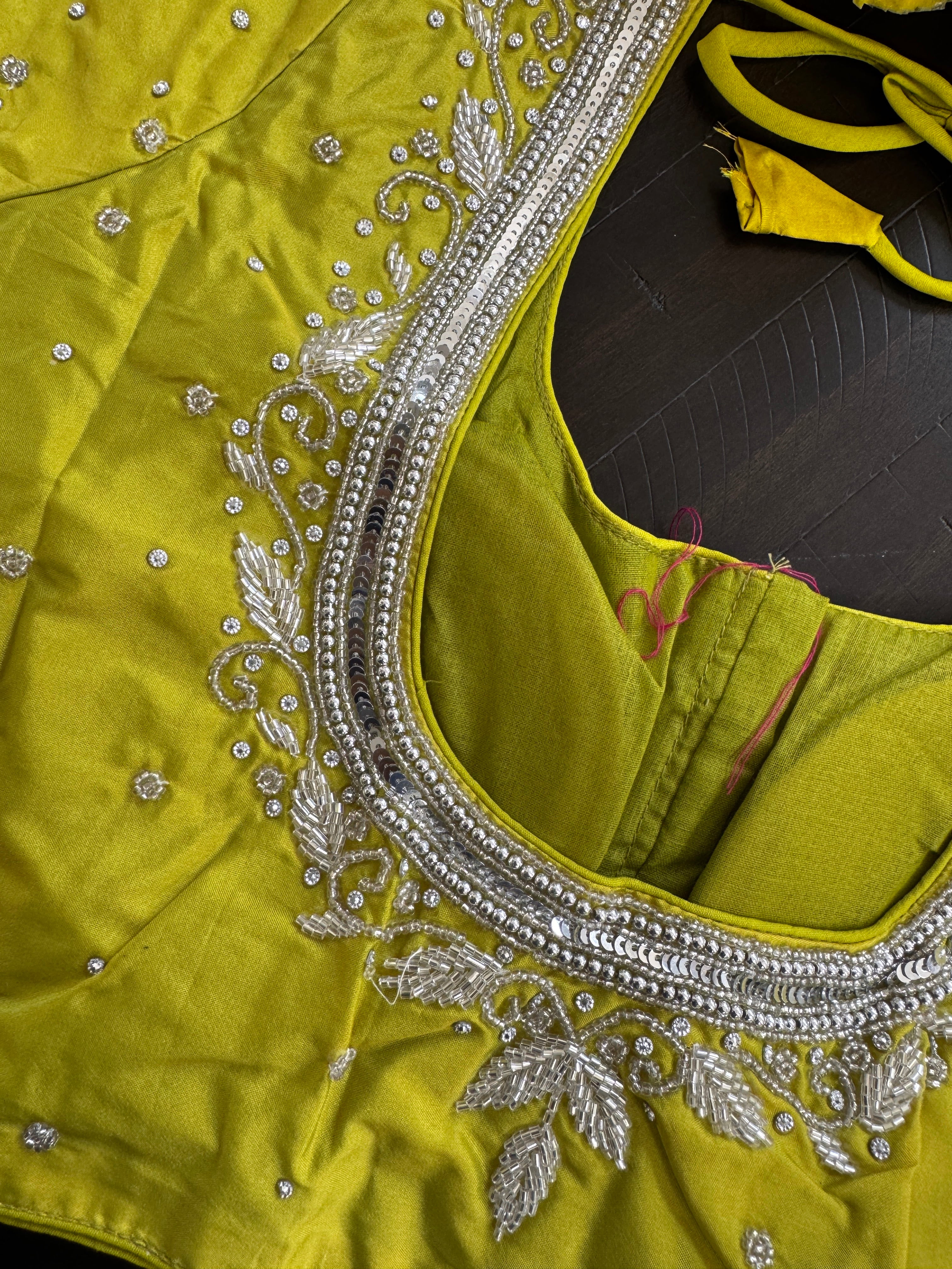 Maggam Work Readymade Padded Blouse front hooks with sleeves - Green