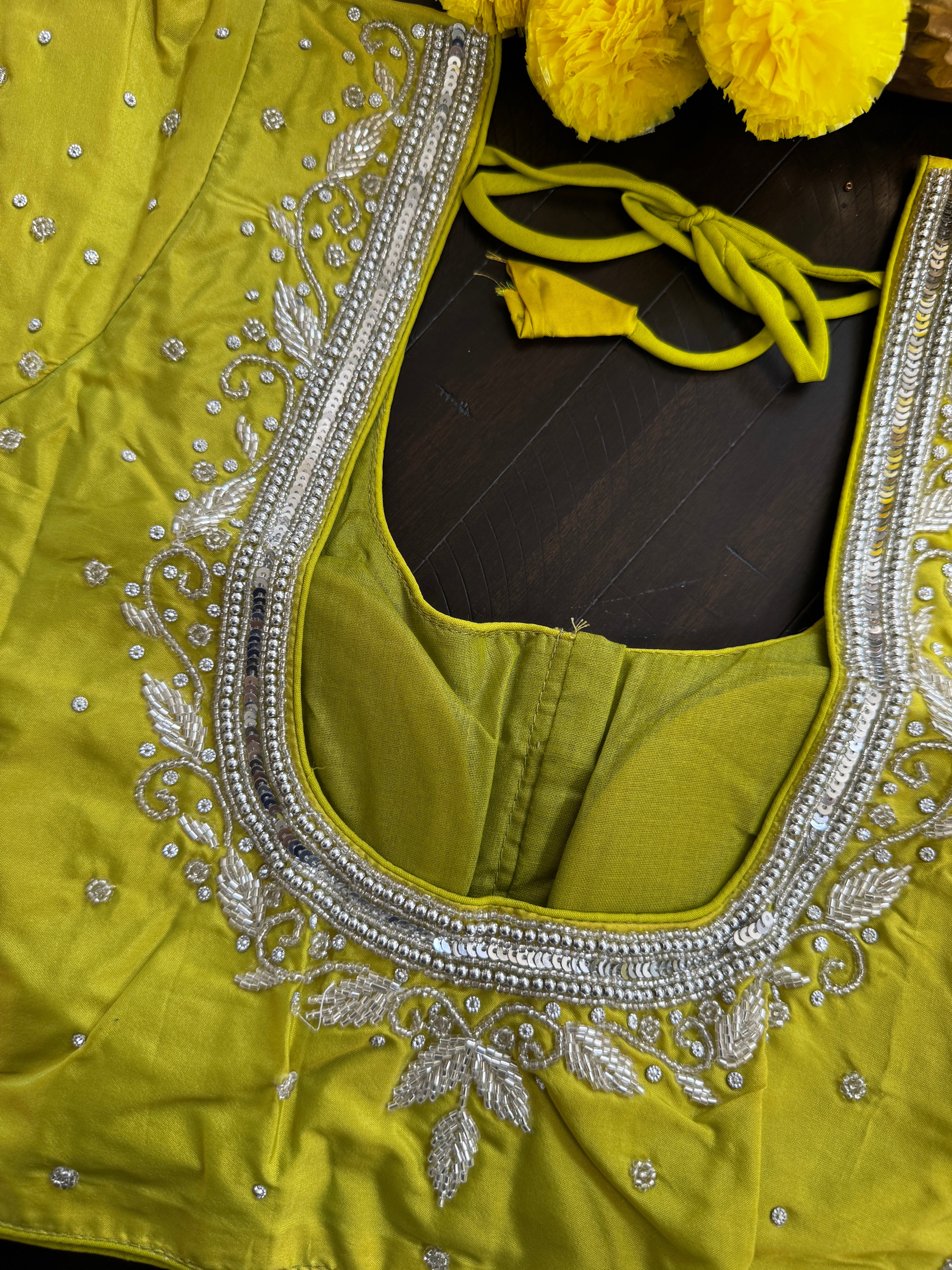 Maggam Work Readymade Padded Blouse front hooks with sleeves - Green