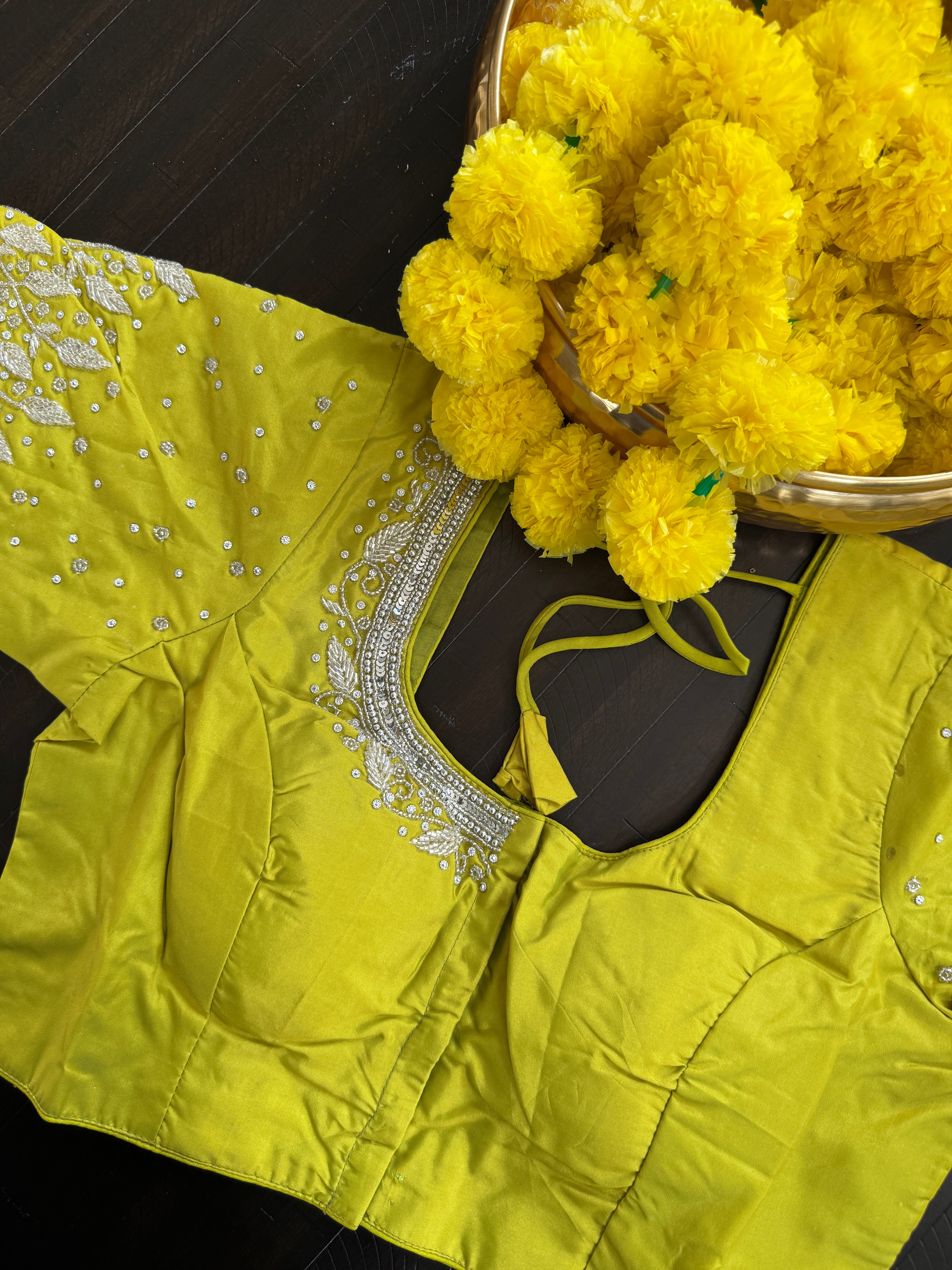 Maggam Work Readymade Padded Blouse front hooks with sleeves - Green