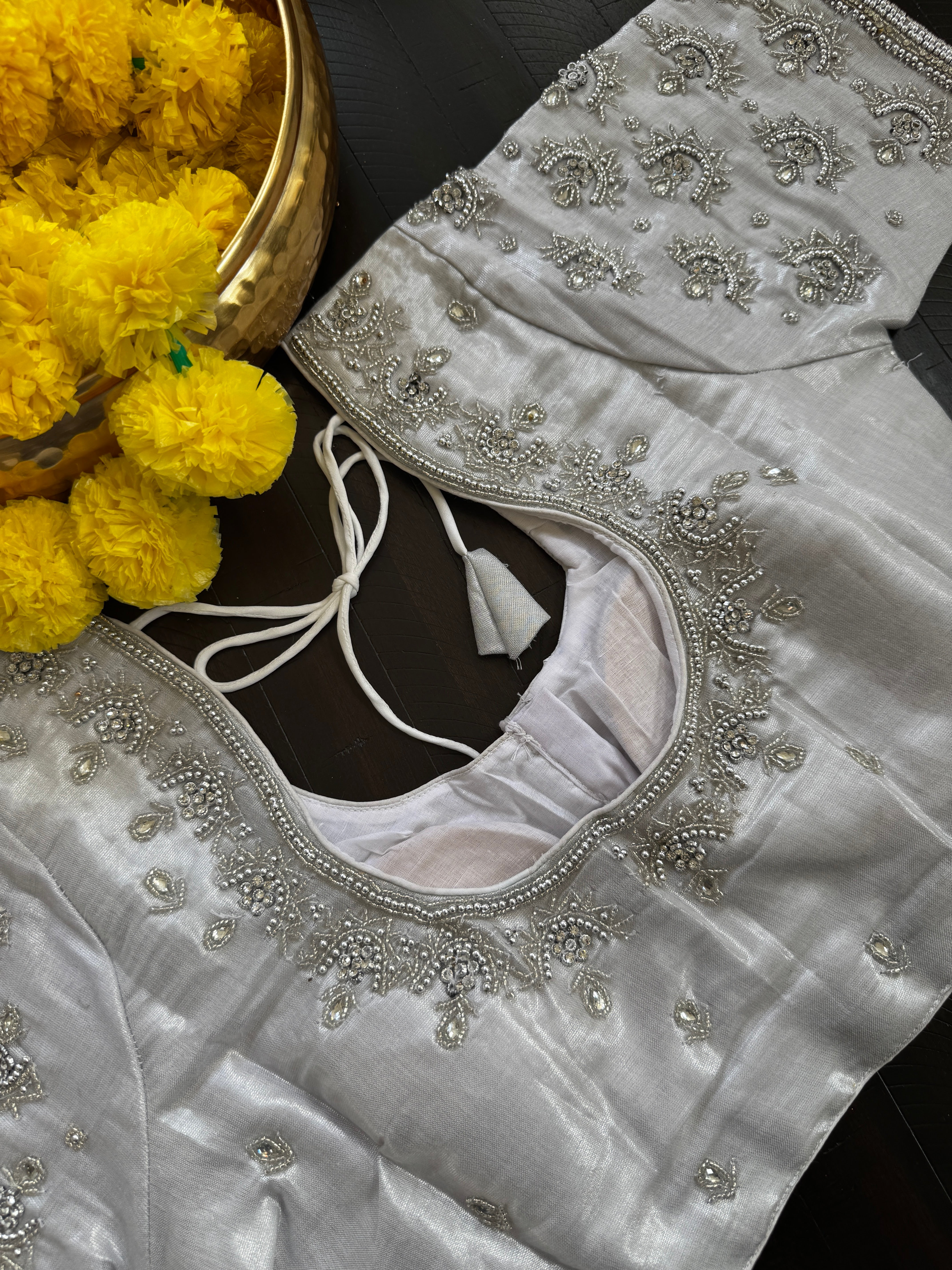 Maggam Work Readymade Padded Blouse front hooks with sleeves - White