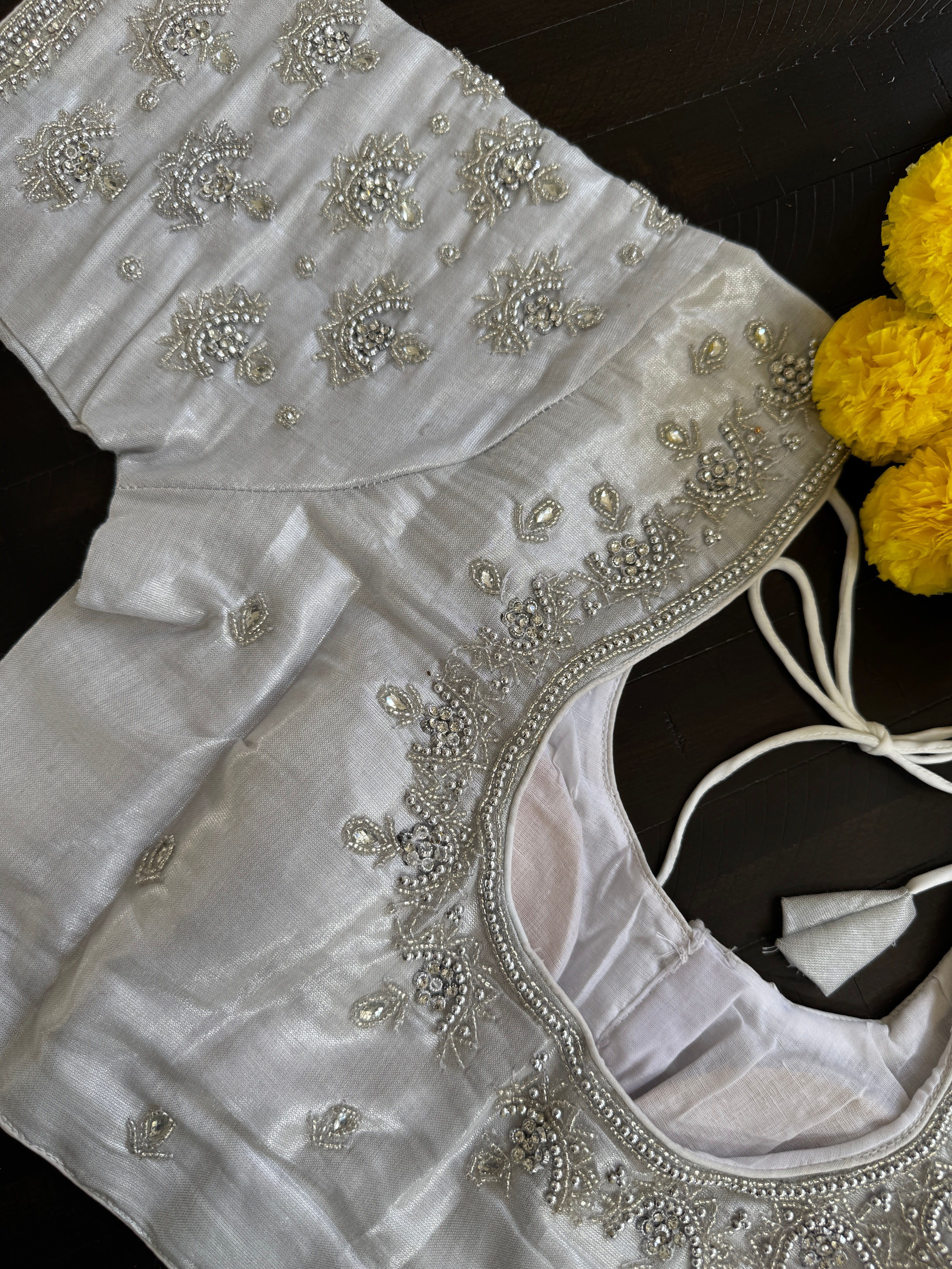 Maggam Work Readymade Padded Blouse front hooks with sleeves - White