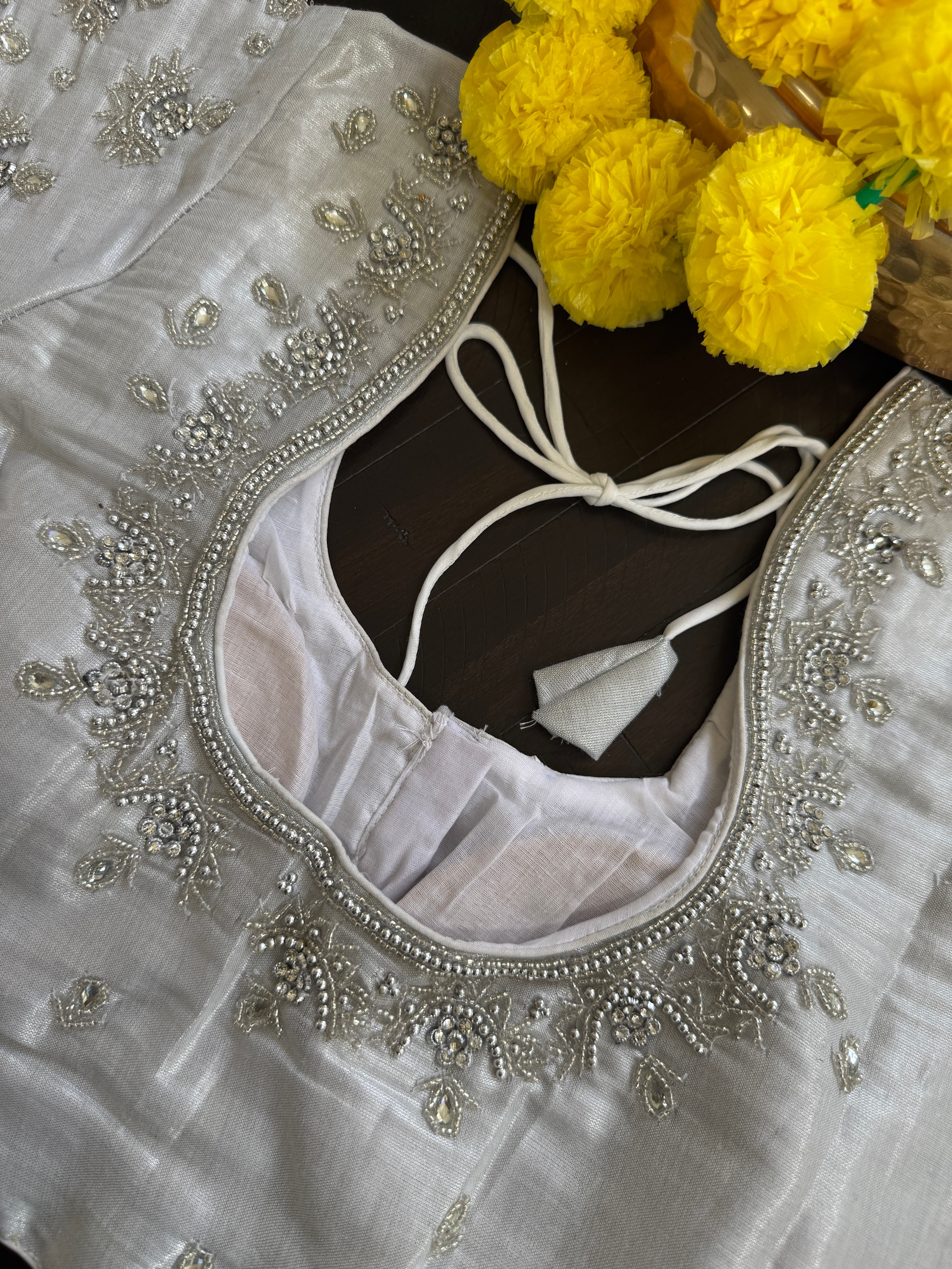 Maggam Work Readymade Padded Blouse front hooks with sleeves - White