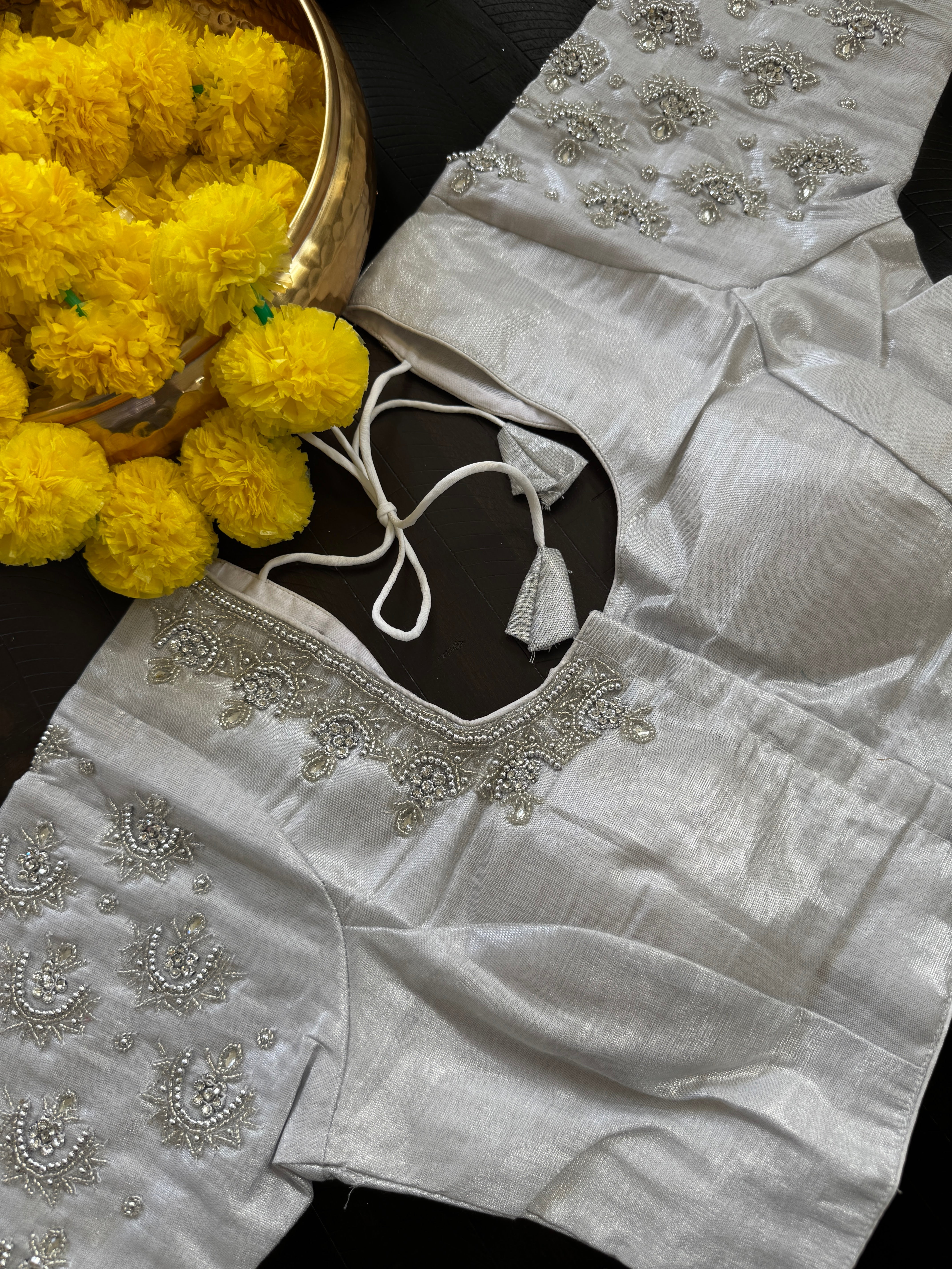 Maggam Work Readymade Padded Blouse front hooks with sleeves - White