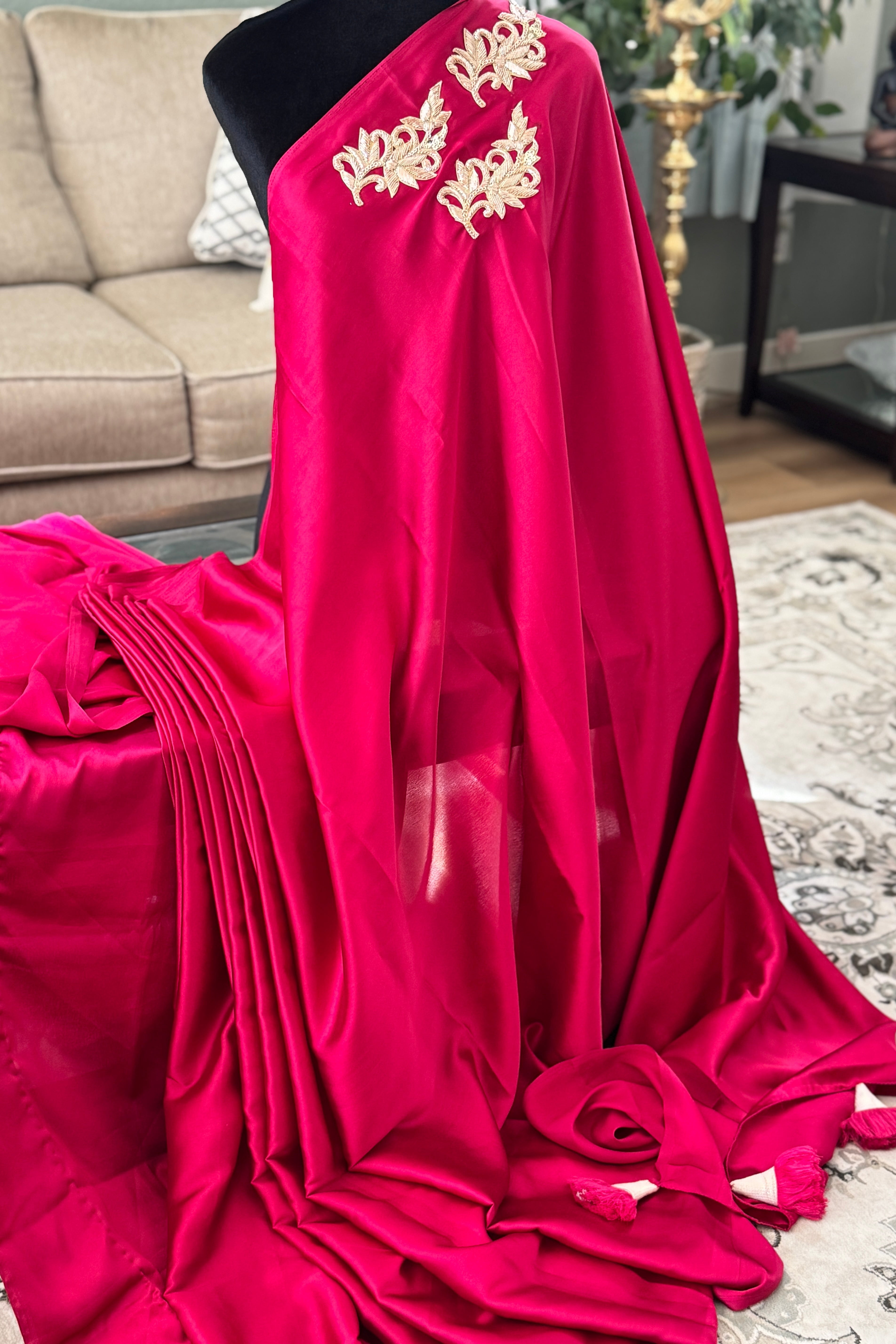 Wine satin saree with patch and lace