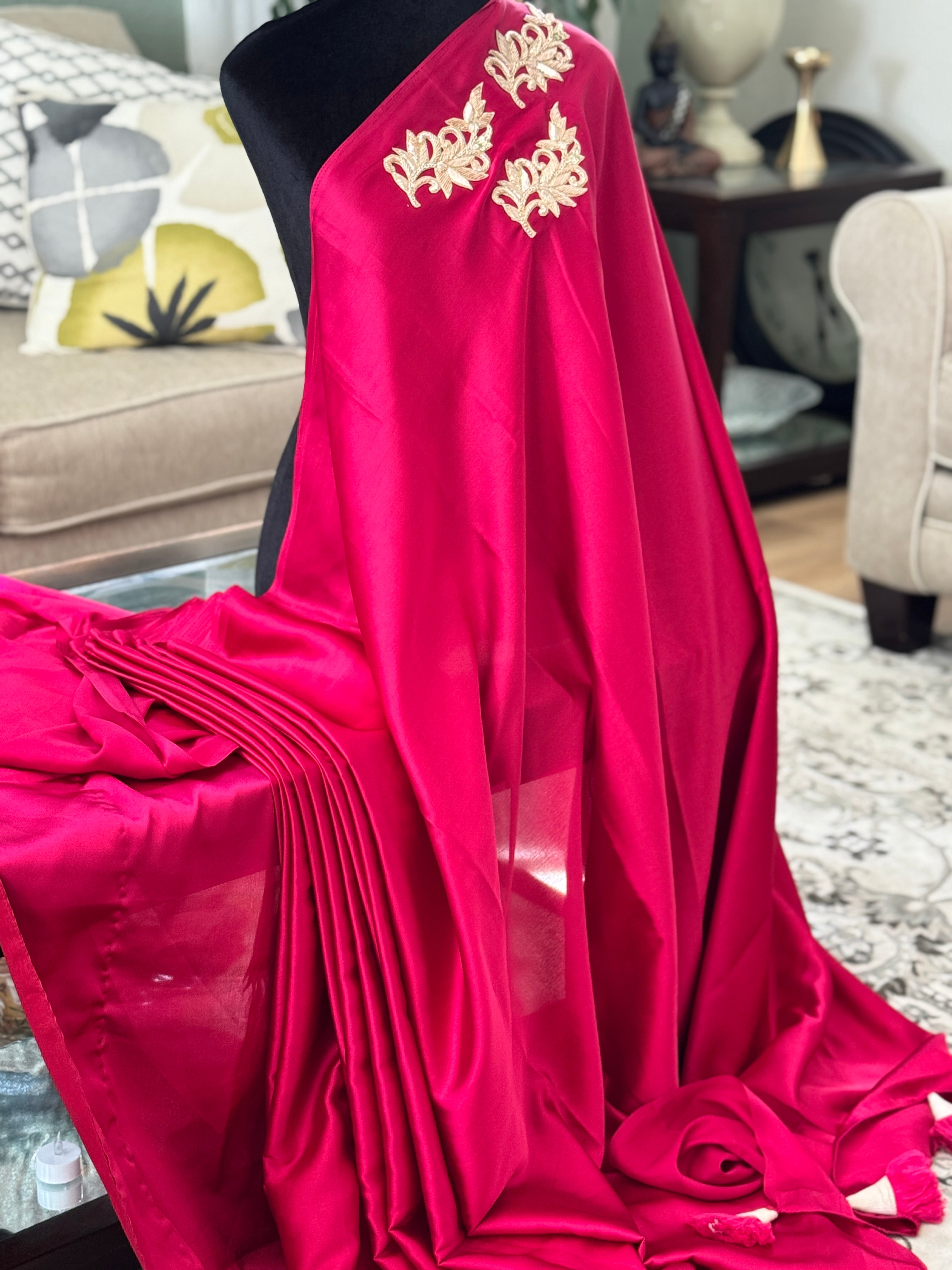 Wine satin saree with patch and lace
