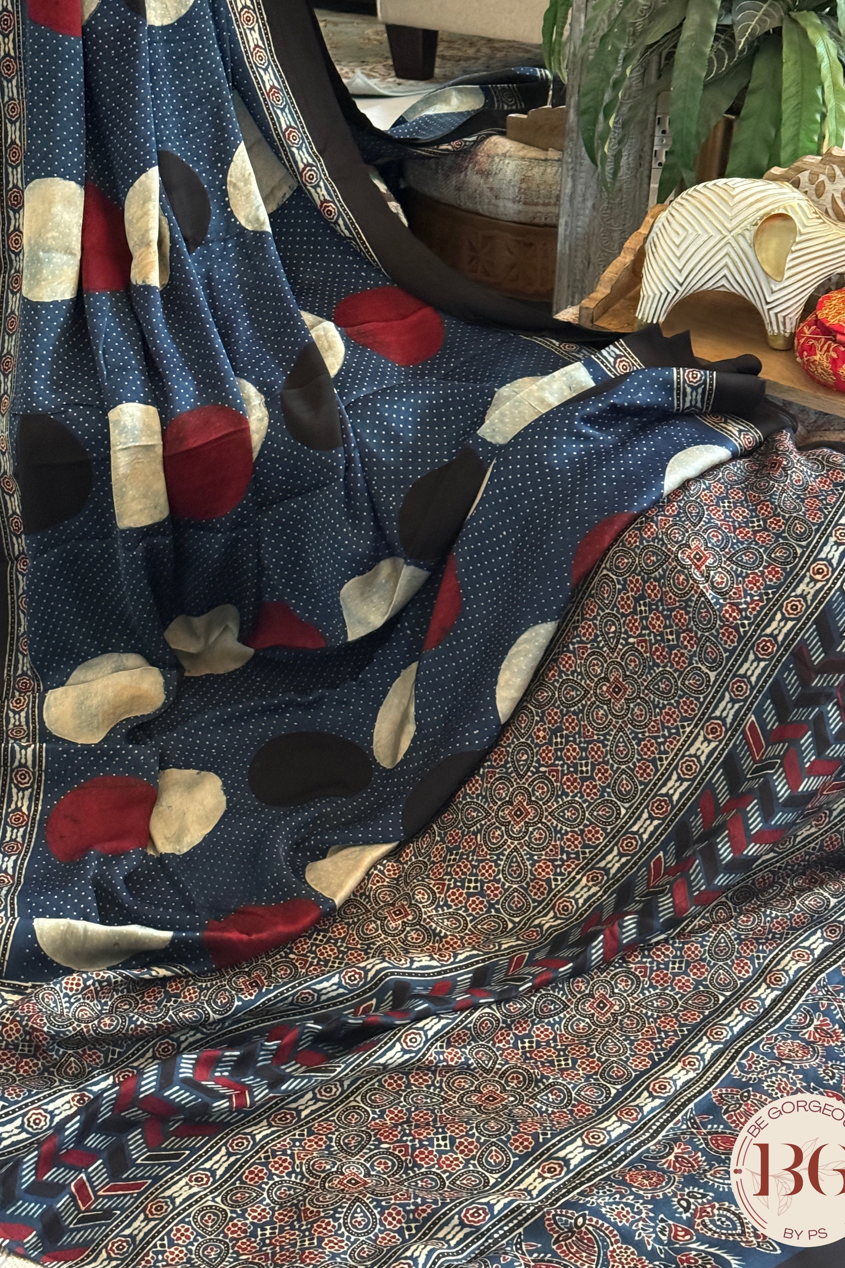 Ajrak on modal saree - blue